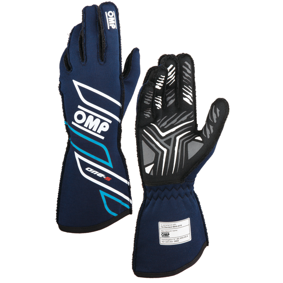 The FIA 8856-2018 homologated navy and cyan OMP One-S Racing Gloves.