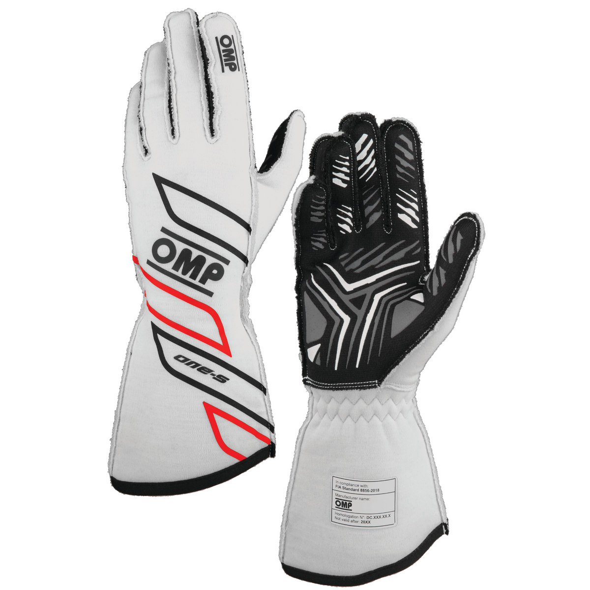 The FIA 8856-2018 homologated white OMP One-S Racing Gloves.