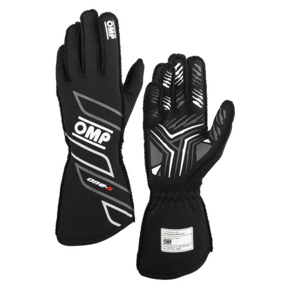 The FIA 8856-2018 homologated black OMP One-S Racing Gloves.