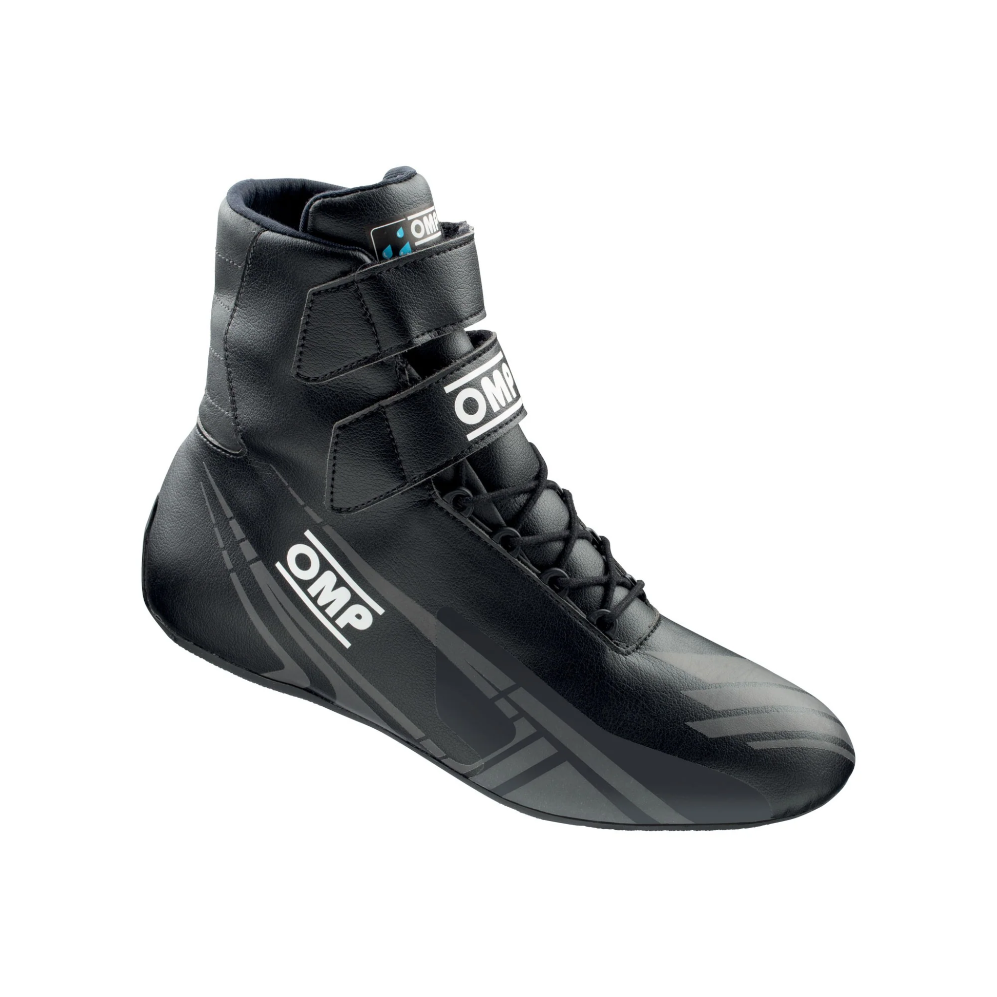 The black OMP ARP All Weather Karting Shoes with white logo and accents.