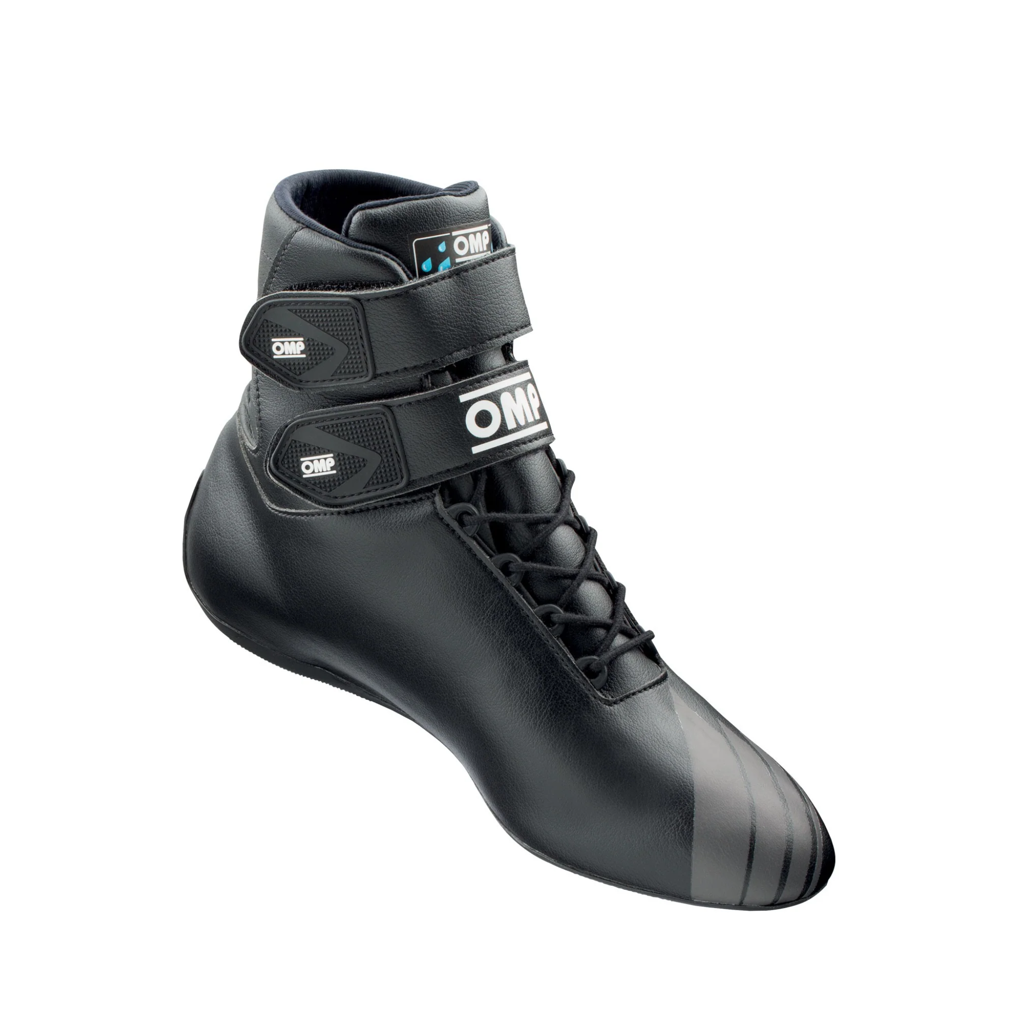 The inside of the black OMP ARP All Weather Karting Shoes with white accents.