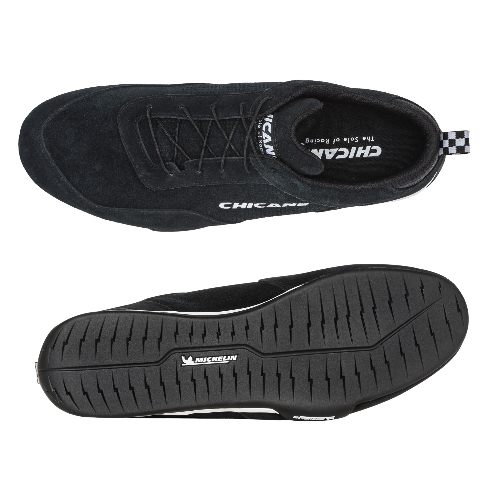 The black Chicane Speedster Shoes from Chicane Racing, now known as LVRY showing the top and bottom.