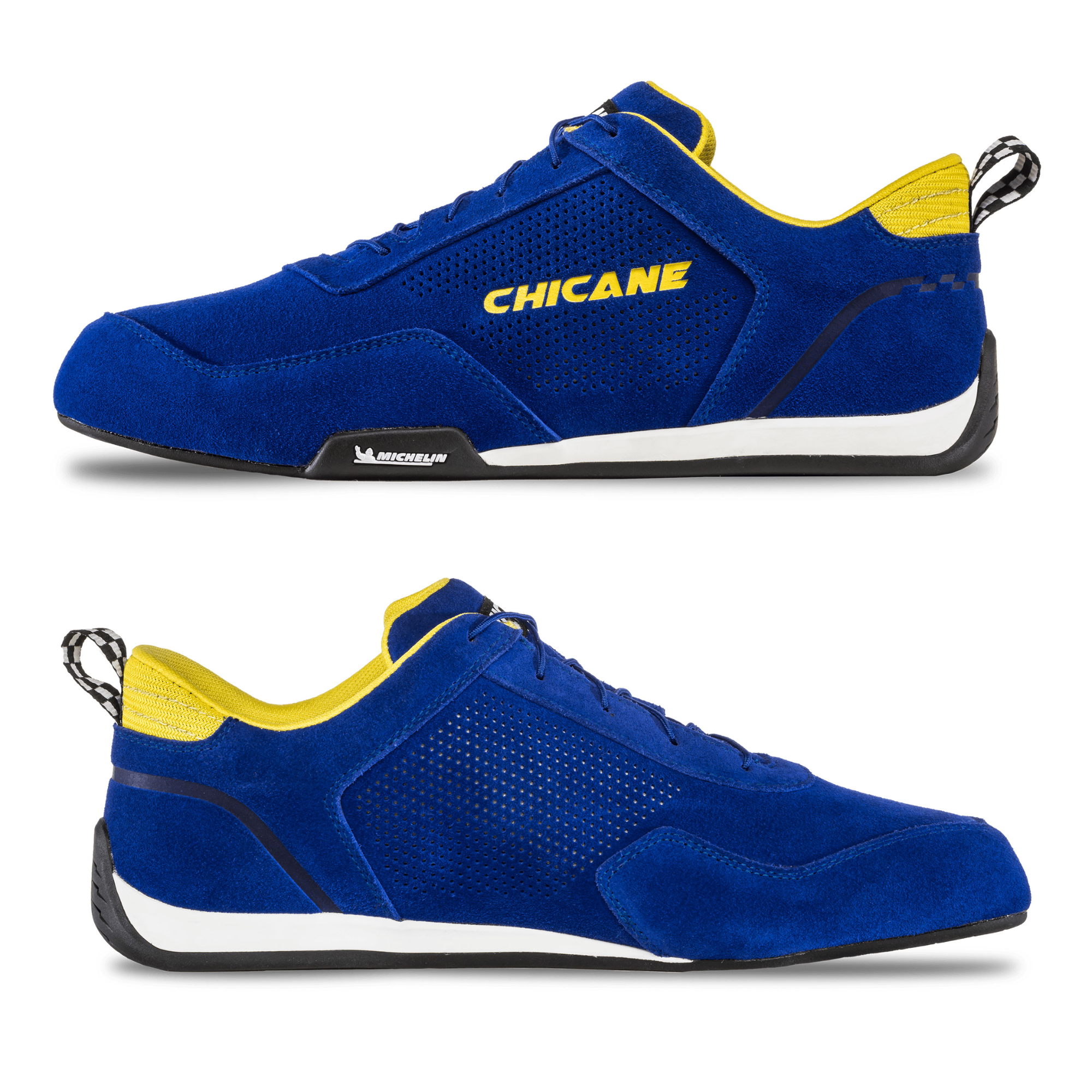 The blue Chicane Speedster Shoes from Chicane Racing, now known as LVRY showing the left and right side.