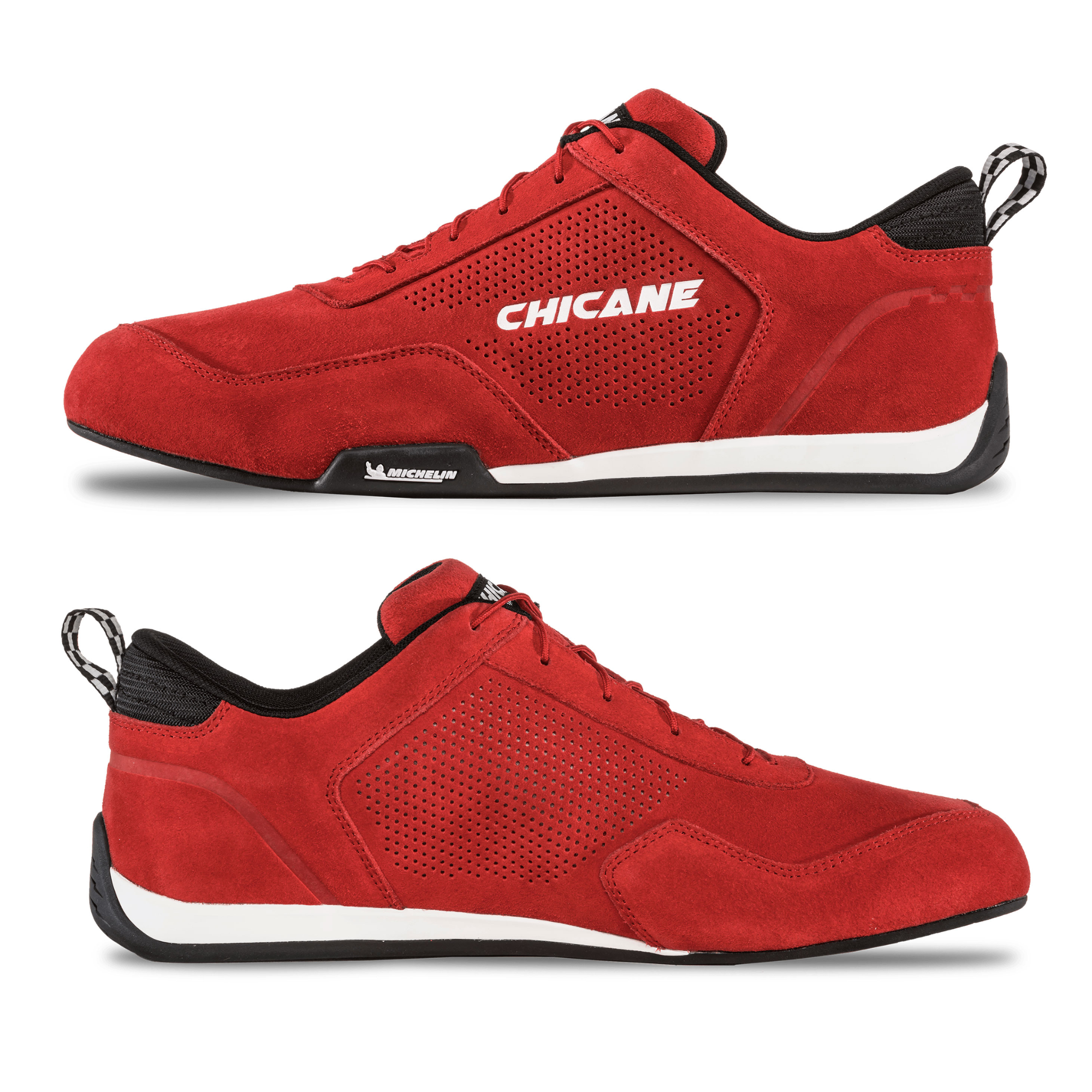The red Chicane Speedster Shoes from Chicane Racing, now known as LVRY showing the left and right side.