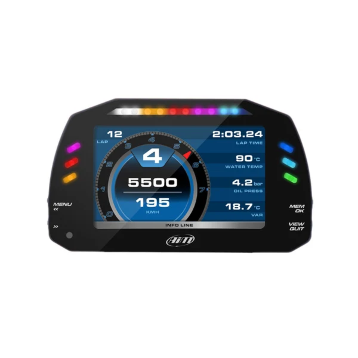 The AIM MXS 1.3 Dash Data Logger with a blue display showing lap time, car water temp, oil pressure, speed, RPM and lap count.