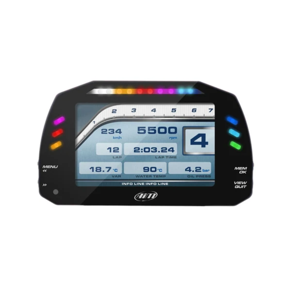 The AIM MXS 1.3 Dash Data Logger with a teal data display showing speed, RPM, gear, lap count, lap time, water temp and oil pressure.