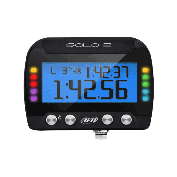 The AIM Solo 2 DL GPS Laptimer with RS232/CAN connectivity in a multi color visual GIF.