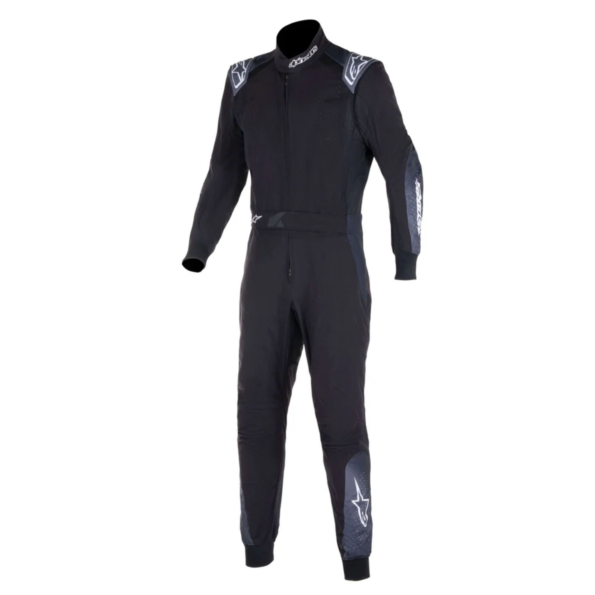 The front of the black and grey Alpinestars KMX-5 v3 Kart Racing Suit.