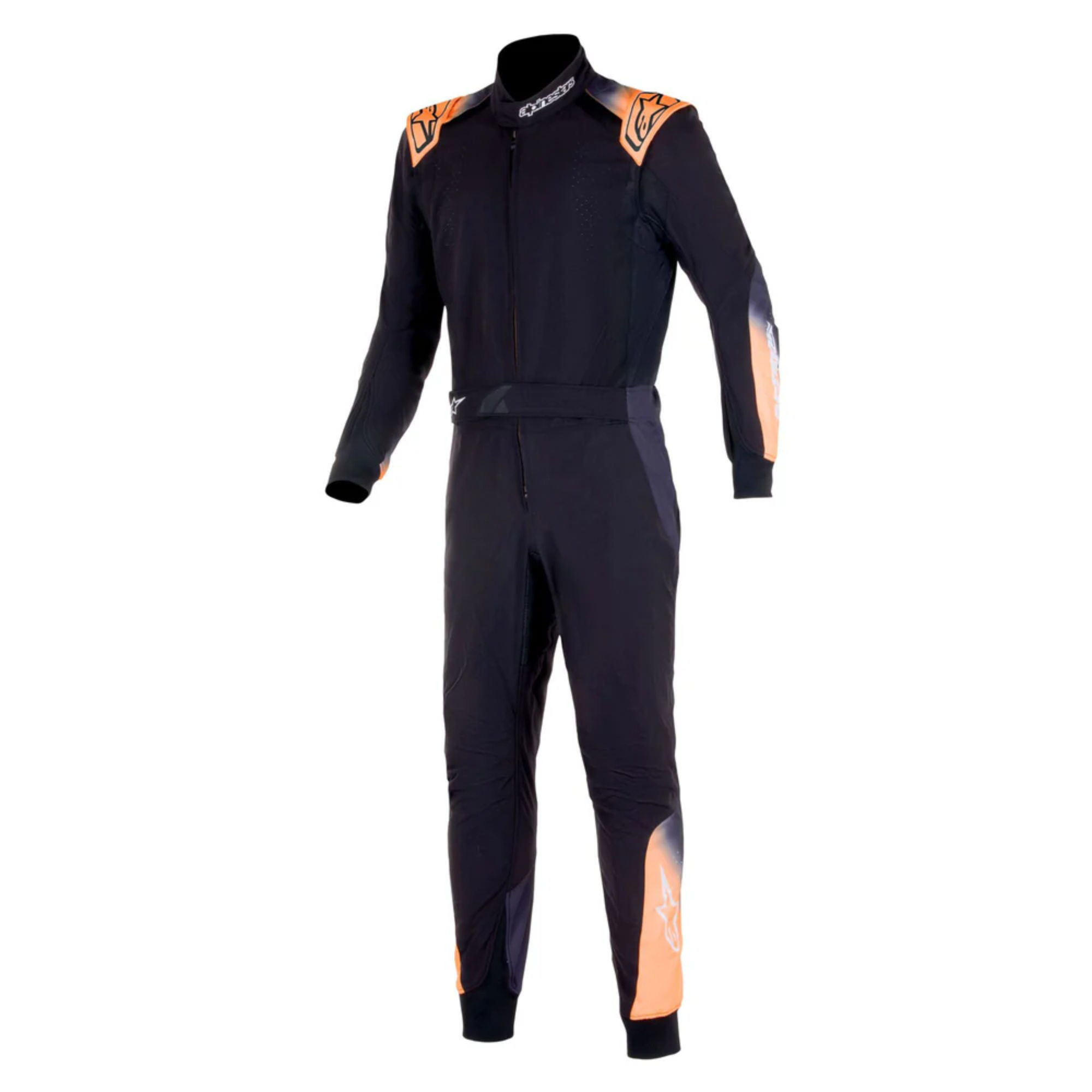 The front of the black, white and orange Alpinestars KMX-5 v3 Kart Racing Suit.