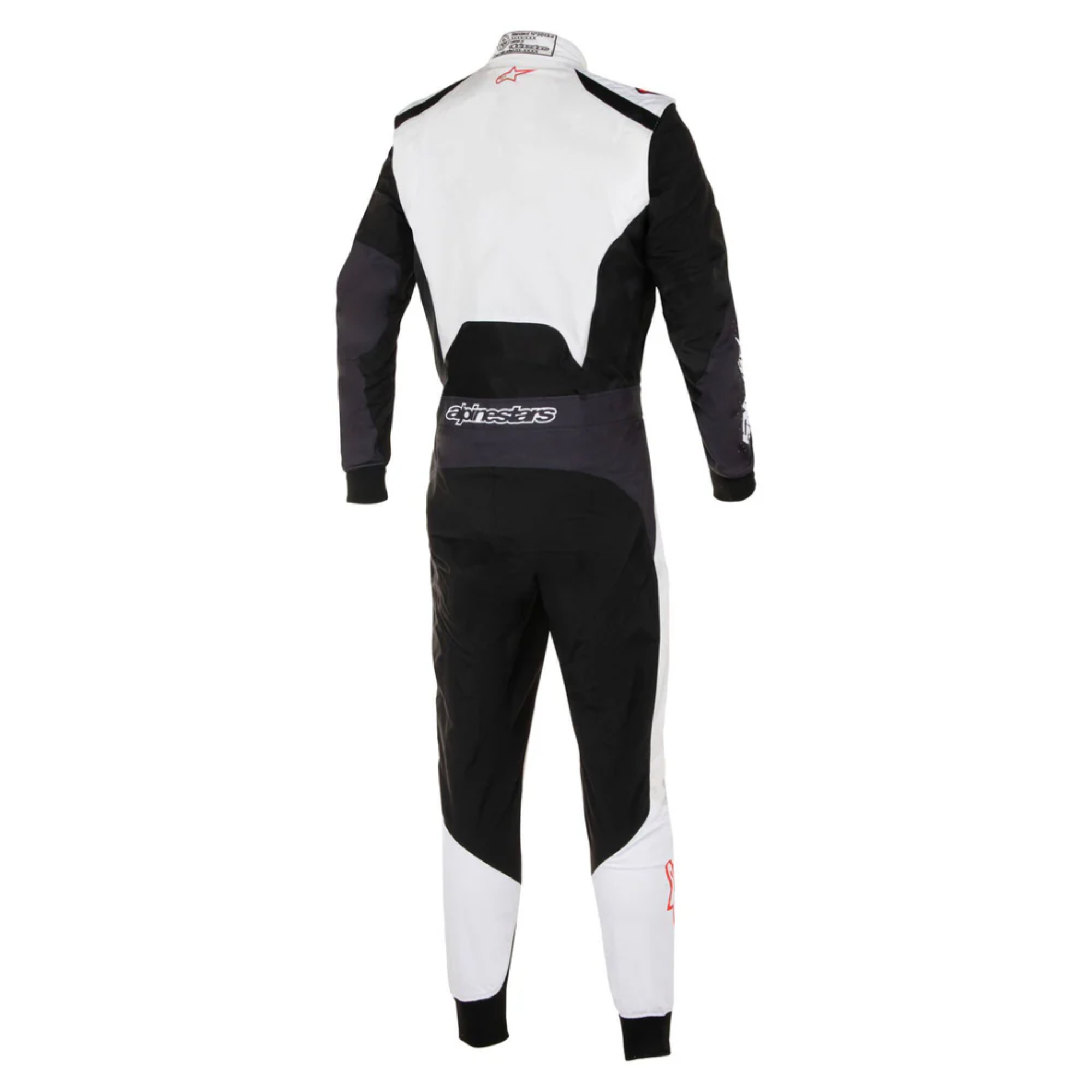 The back of the white, black and red Alpinestars KMX-5 v3 Kart Racing Suit.
