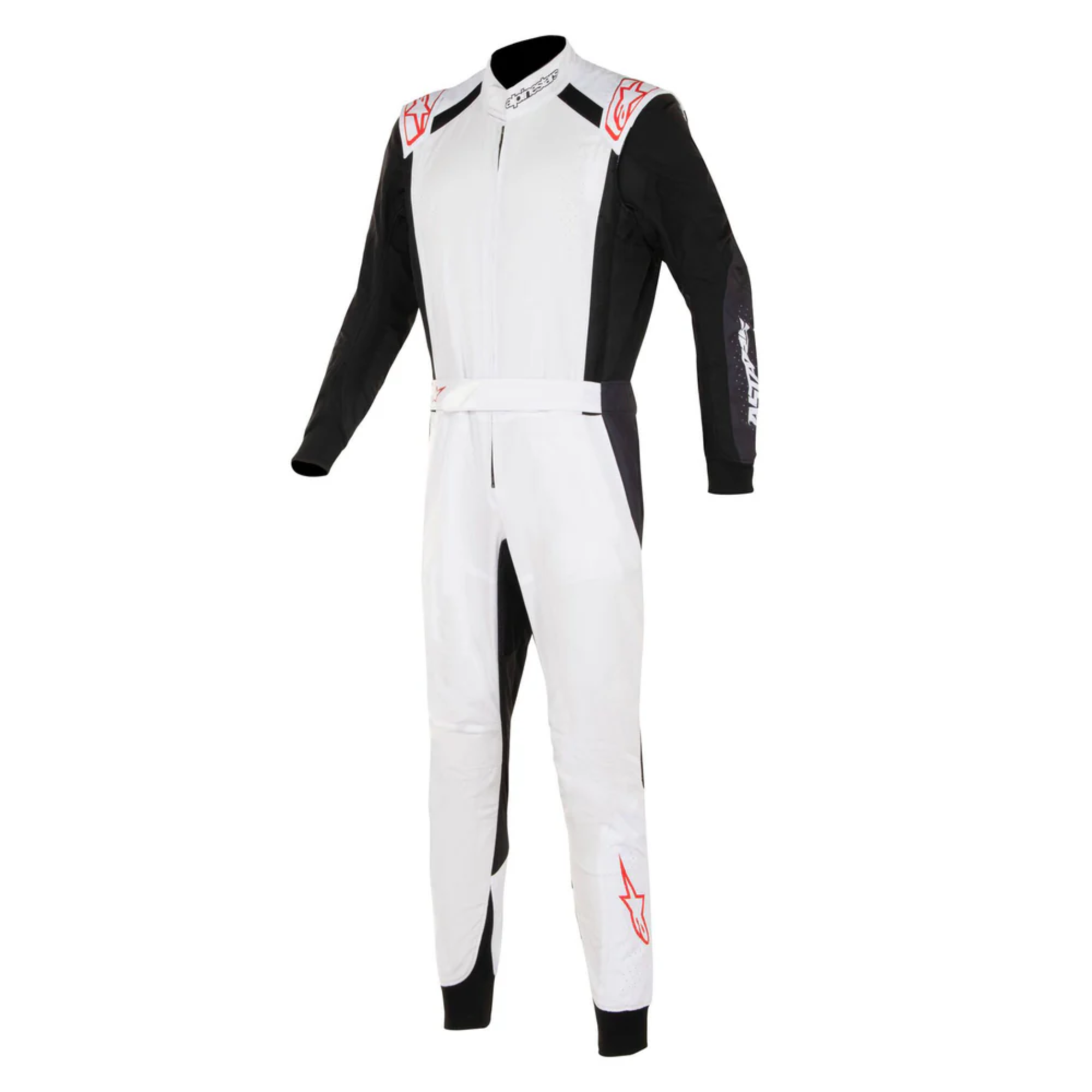 The front of the white, black and red Alpinestars KMX-5 v3 Kart Racing Suit.