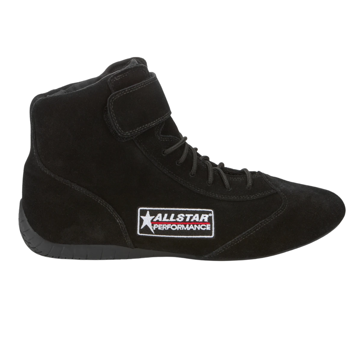 The side of the black SFI 3.3/5 rated Allstar Performance Mid-Top Racing Shoes.