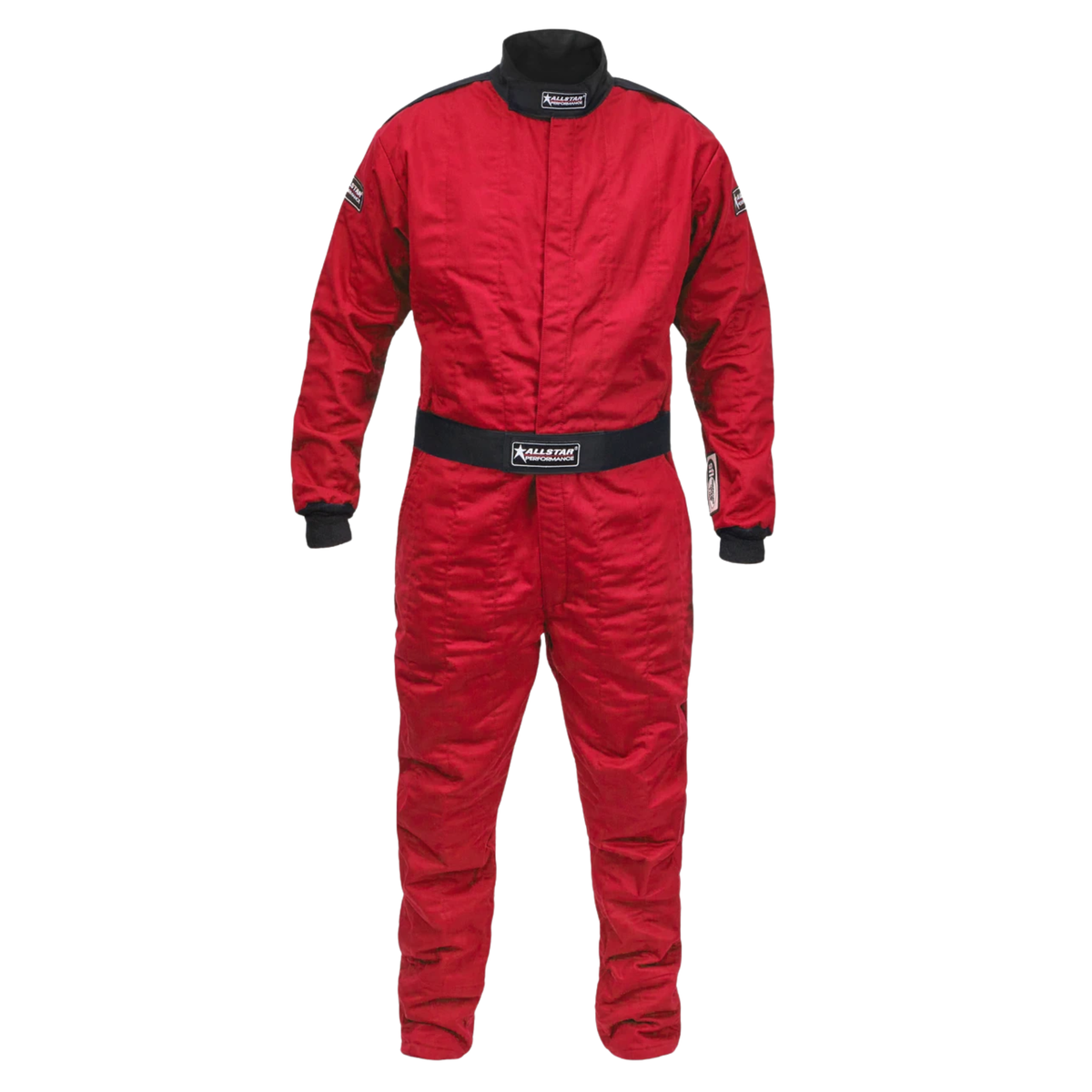 The red SFI 3.2A/5 rated Allstar Performance Multi-Layer Driving Suits.