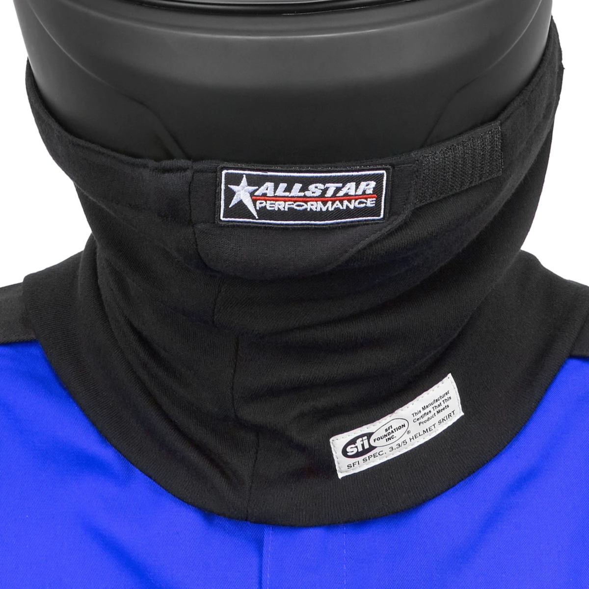 The black SFI 3.3/5 rated Allstar Performance Multi-Layer Helmet Skirt.