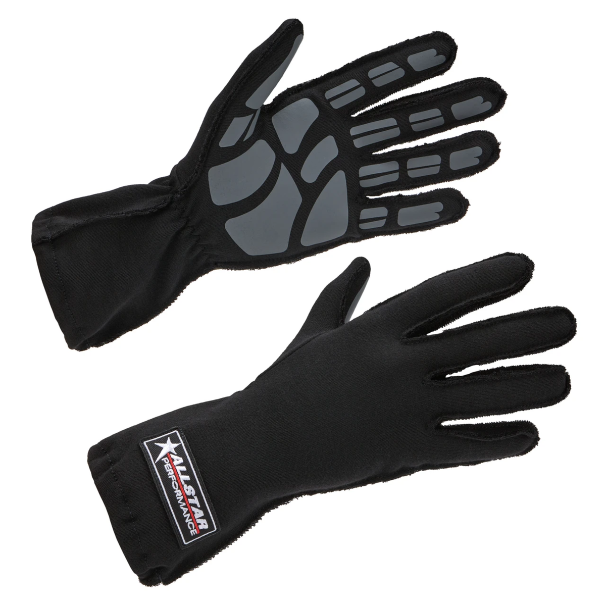The black Allstar Performance Racing Gloves featuring a Single Layer construction and Outseam.