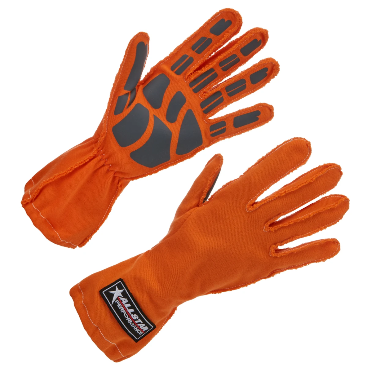 The orange Allstar Performance Racing Gloves featuring a Single Layer construction and Outseam.