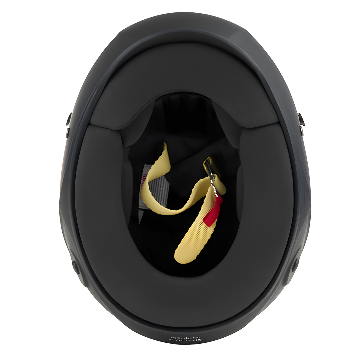 The bottom of the flat black SA2025 rated Allstar Performance Series 50 Mid-Air Racing Helmet.
