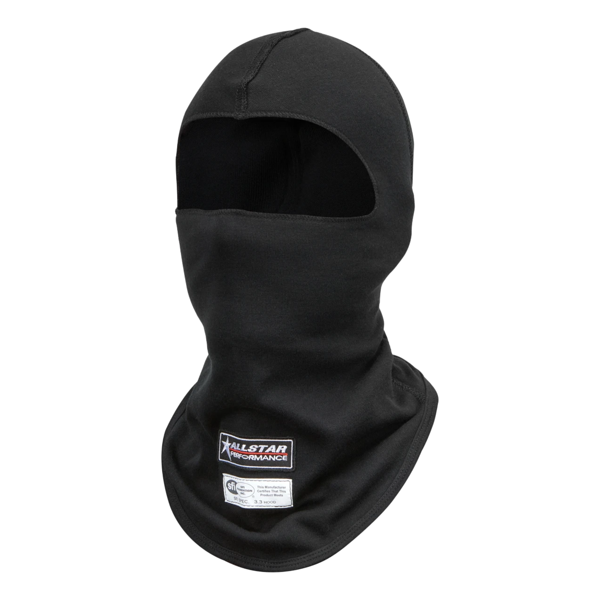 The black SFI 3.3 rated Allstar Performance Single Layer Racing Balaclava.
