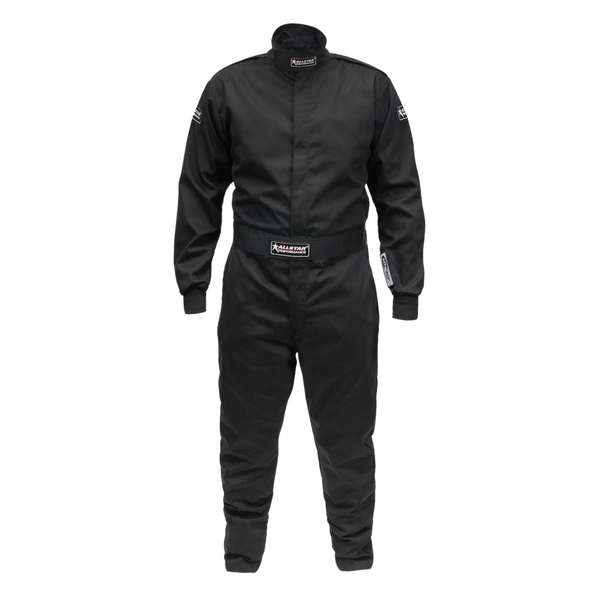 The black SFI 3.2A/1 rated Allstar Performance Single-Layer Racing Suits.