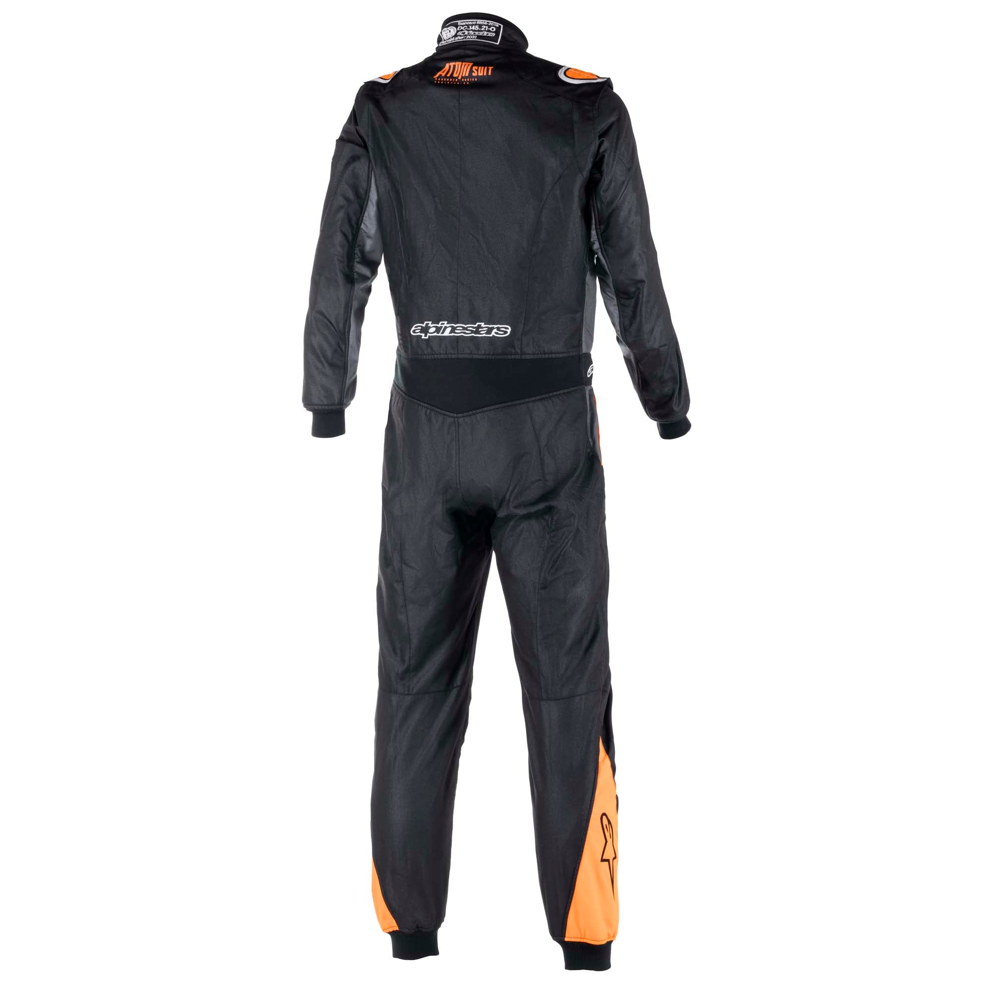The back of the black, anthracite and orange Alpinestars Atom Graphic Racing Suit.