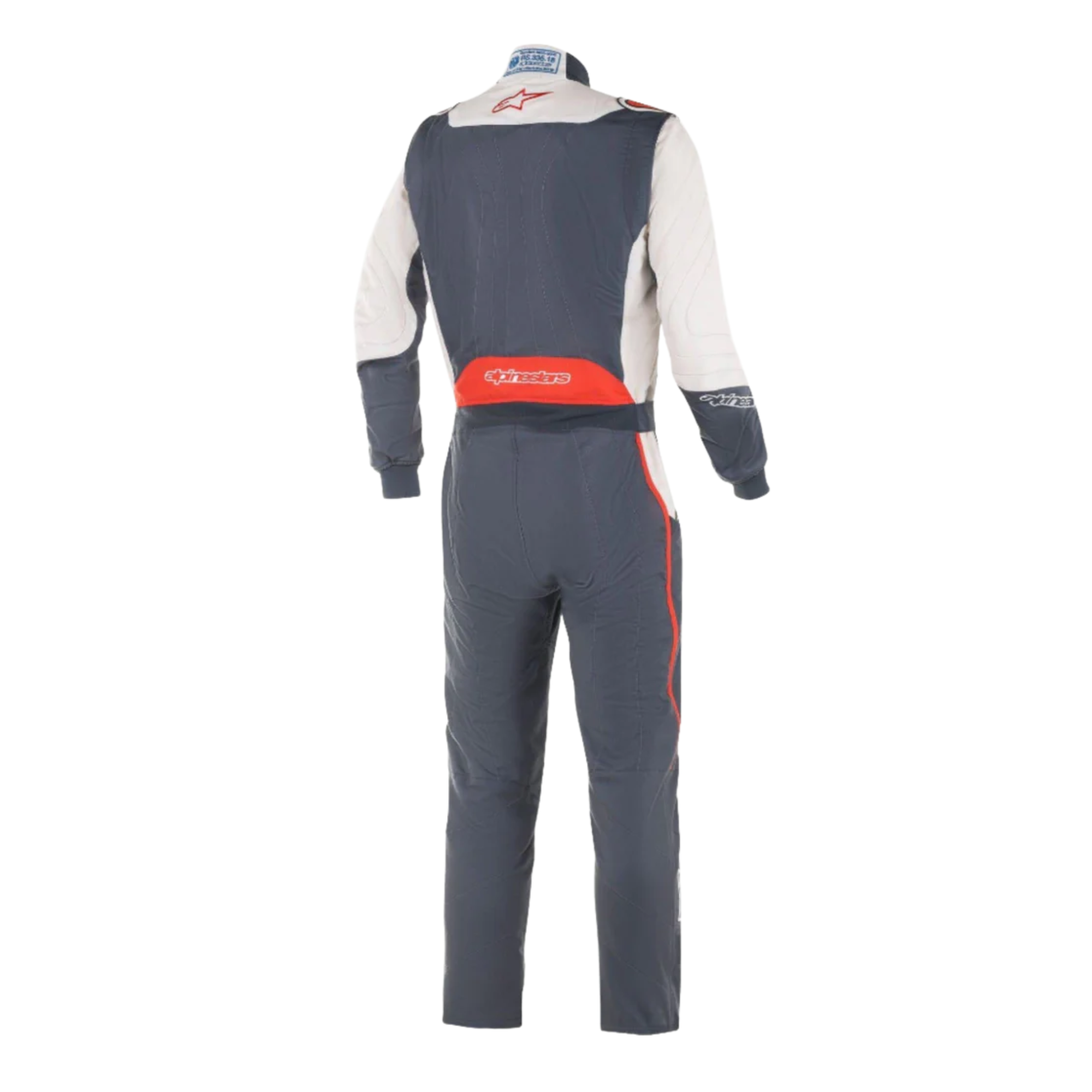 The back of the asphalt, white and red Alpinestars GP Pro Comp Boot Cut Racing Suit.