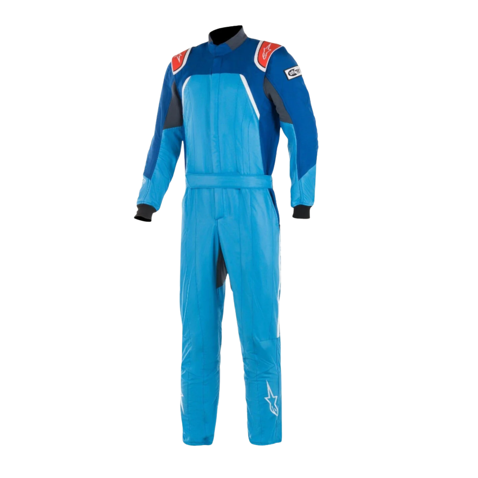 The front of the blue and red Alpinestars GP Pro Comp Boot Cut Racing Suit.