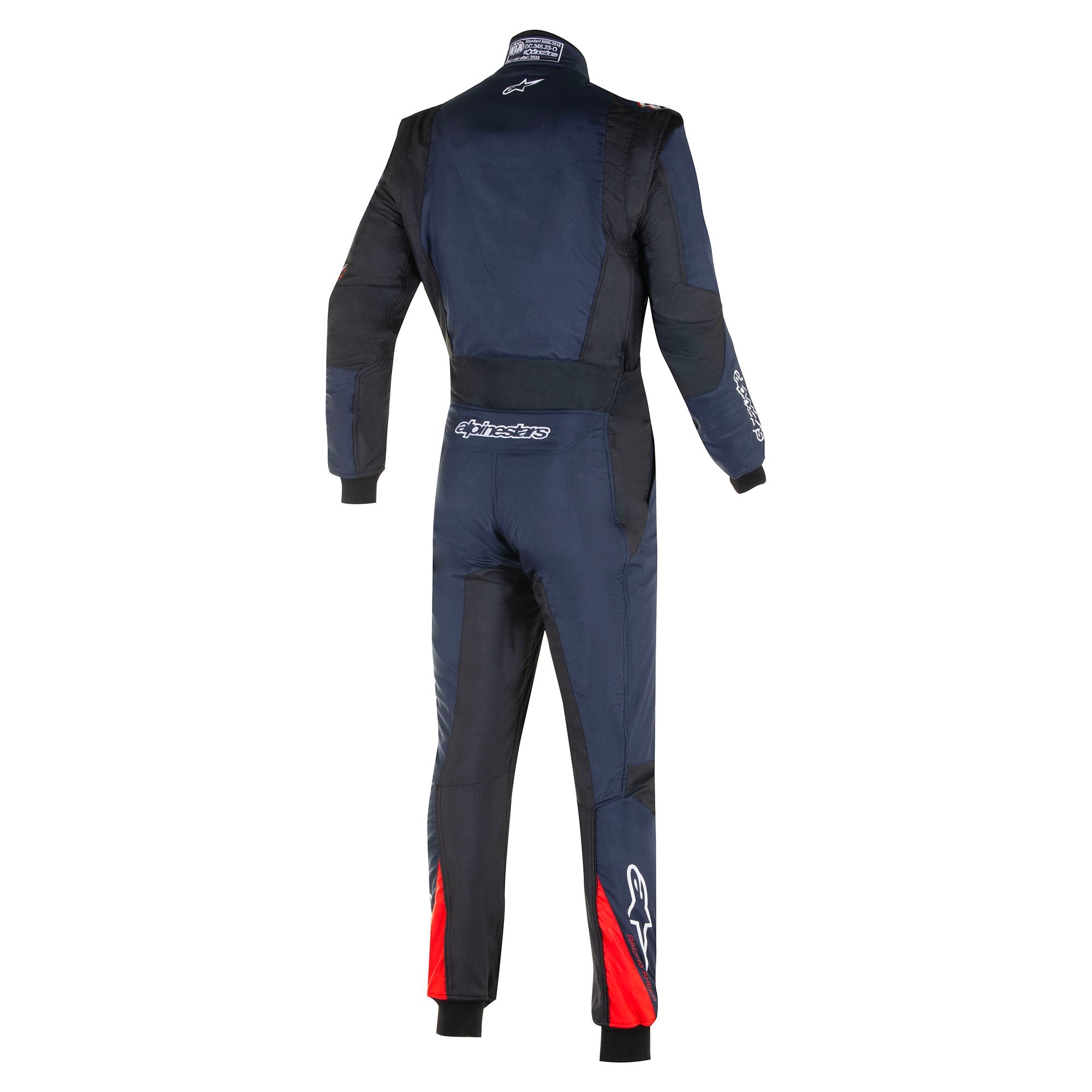 The back of the navy, black and red Alpinestars GP Tech v4 Racing Suit.