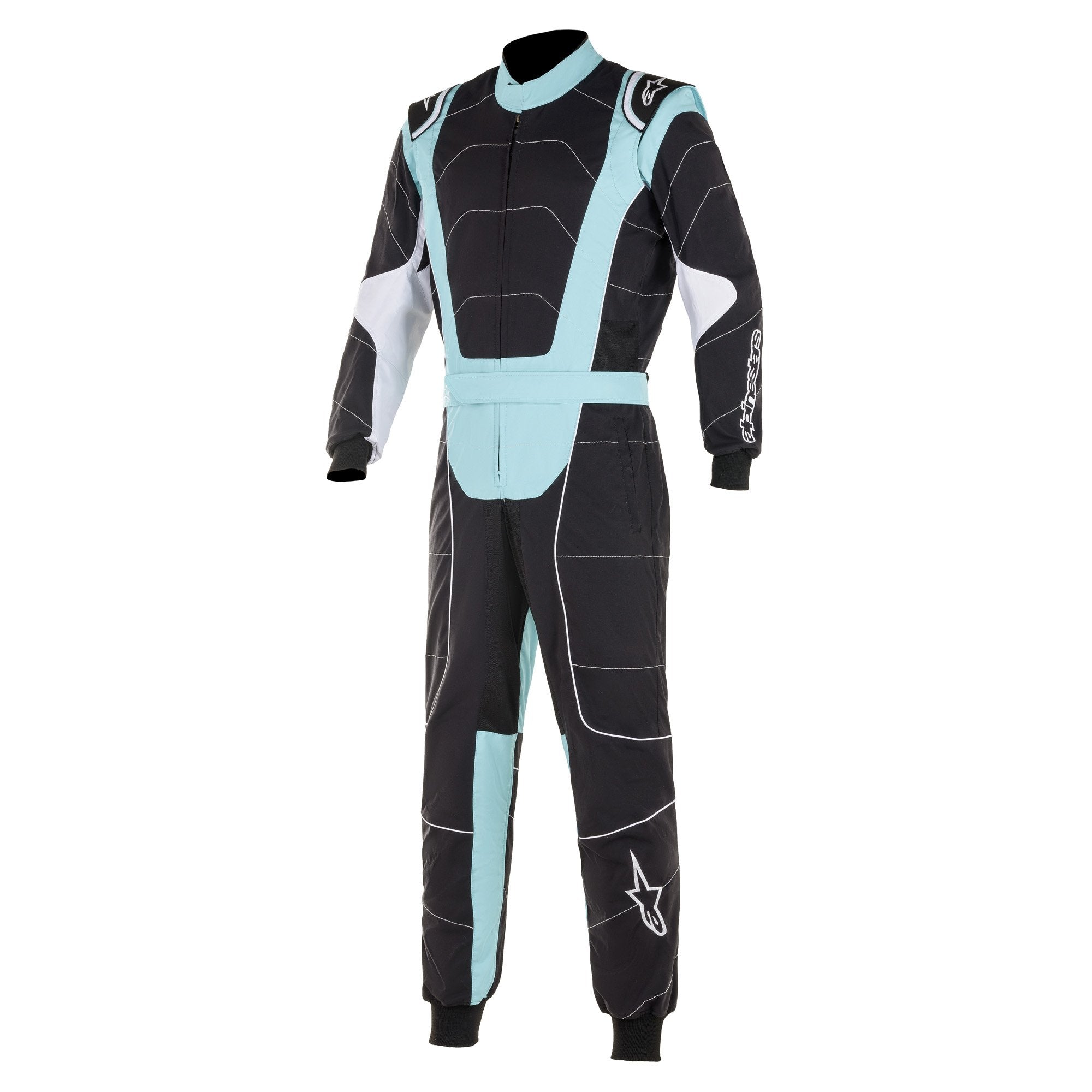 The black and turquoise Alpinestars KMX-3 v2 Kart Racing Suit.