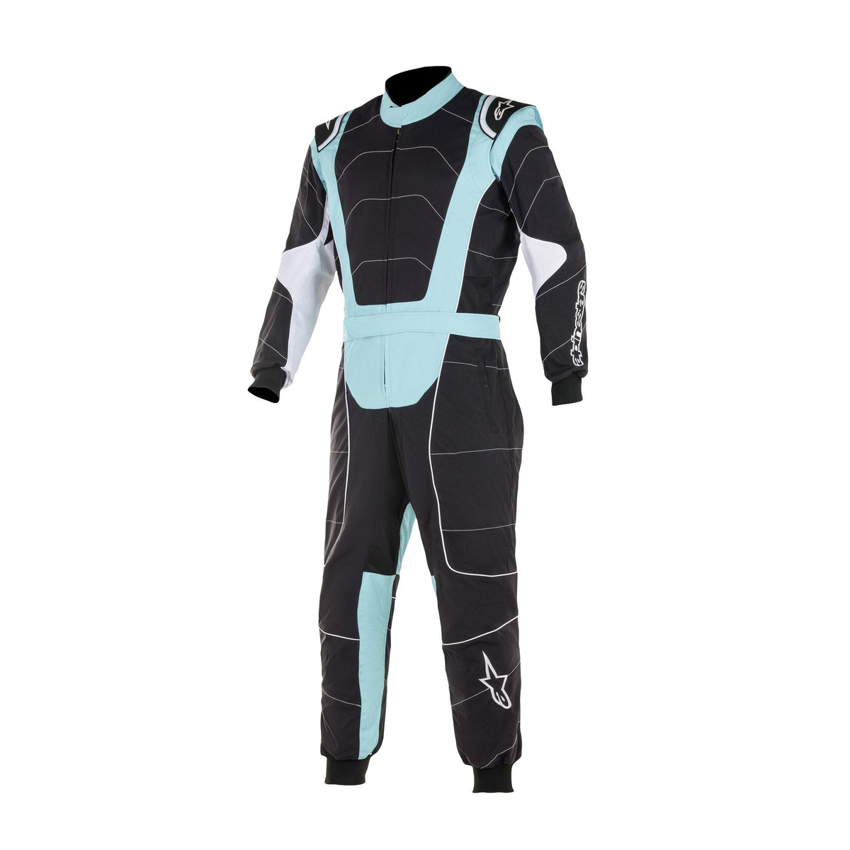 The black and turquoise Alpinestars KMX-3 v2 S Youth Kart Racing Suit.