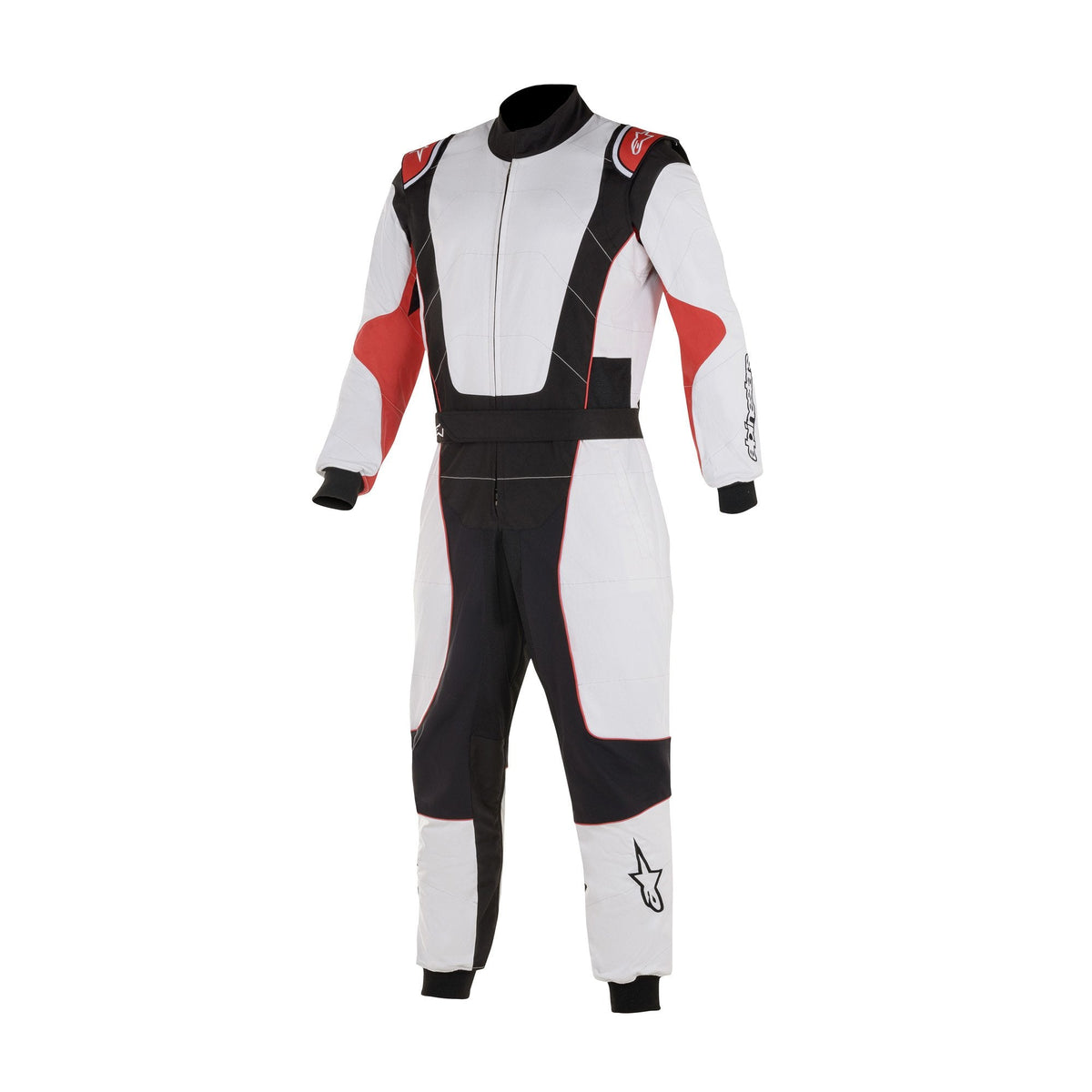 The white, black and red Alpinestars KMX-3 v2 S Youth Kart Racing Suit.
