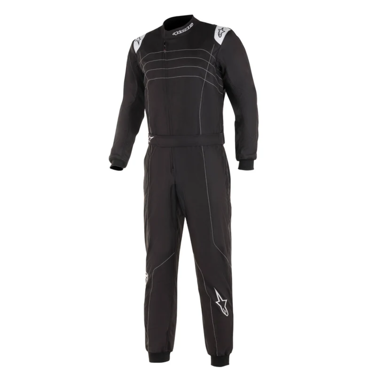 The black and white Alpinestars KMX-9 v2 Kart Racing Suit.