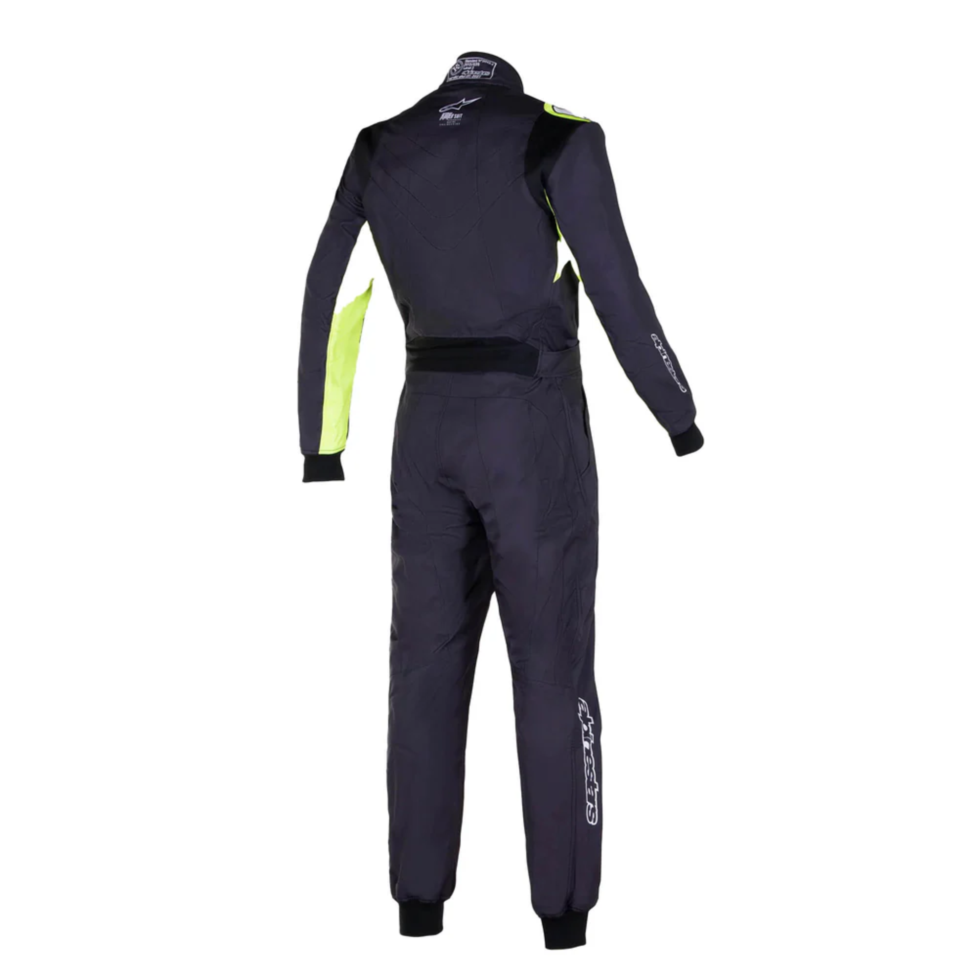 The back of the black and yellow Alpinestars KMX-9 v3 Graph-3 Kart Racing Suit.