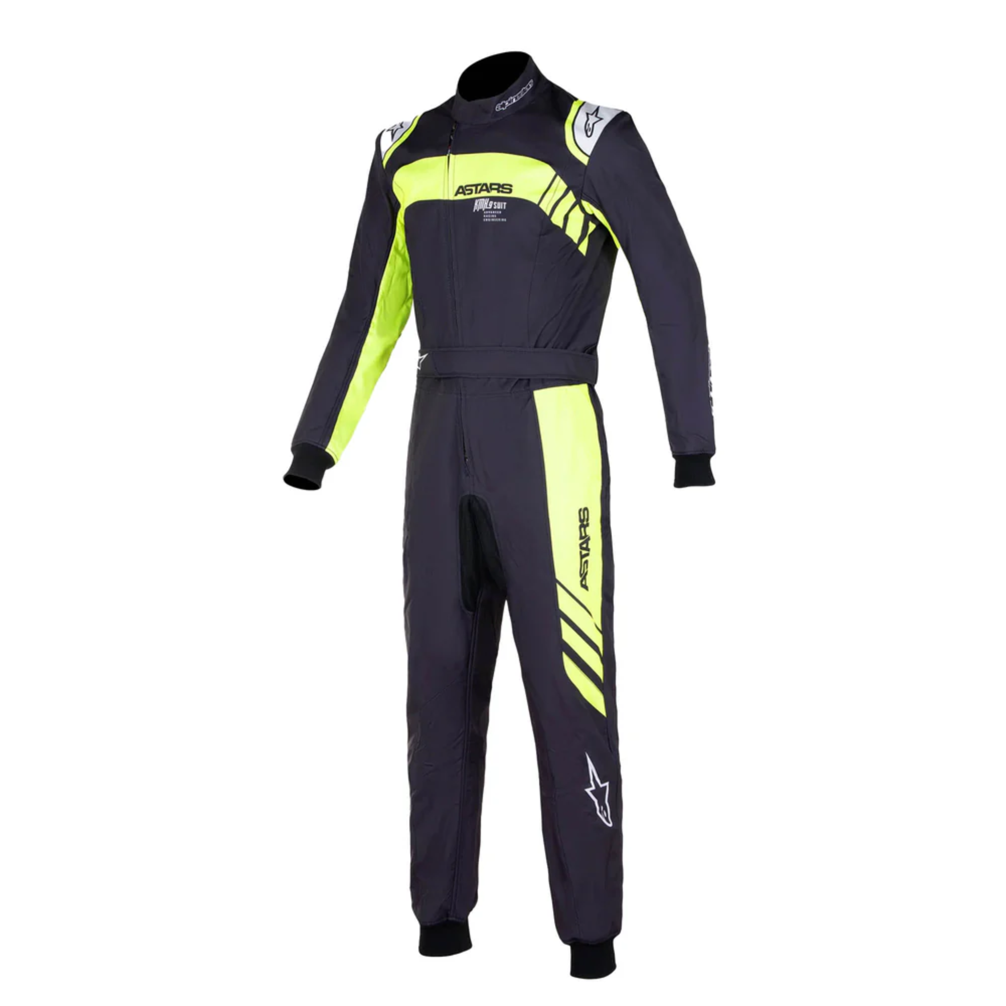 The front of the black and yellow Alpinestars KMX-9 v3 Graph-3 Kart Racing Suit.