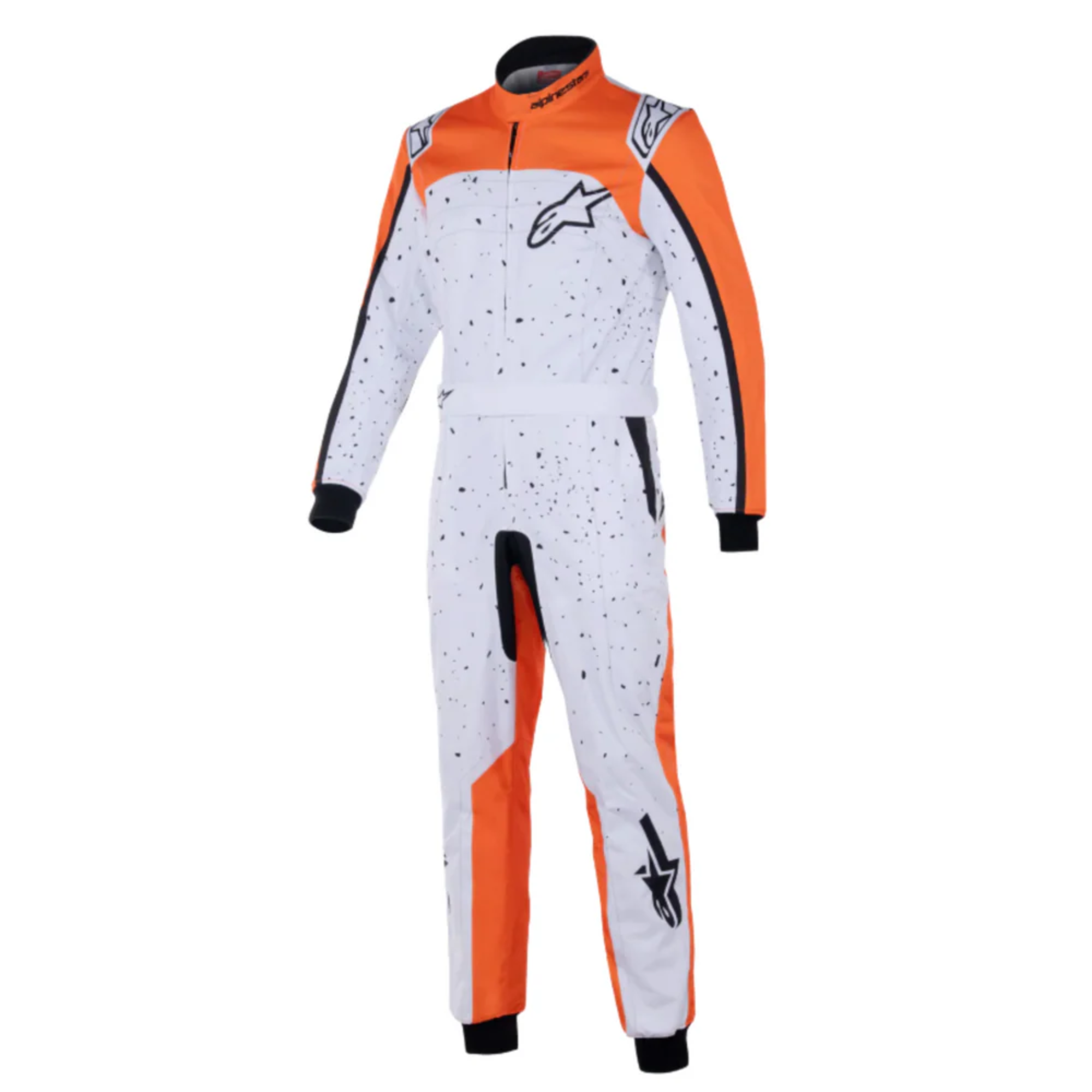 The front of the white, orange and black Alpinestars KMX-9 v3 Graph-6 Kart Racing Suit.