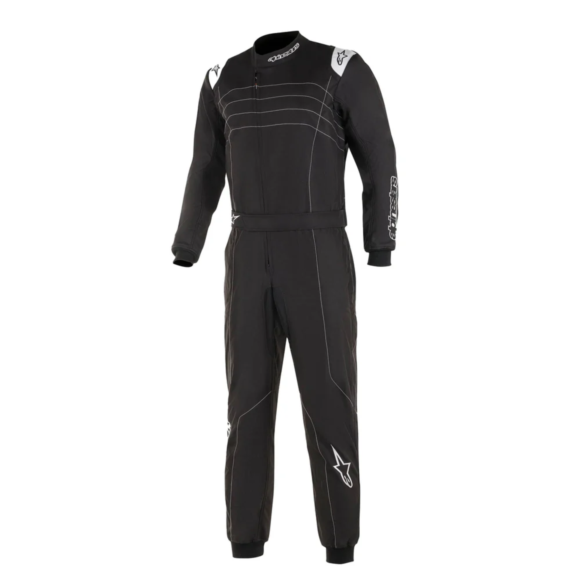 The front of the black and white Alpinestars KMX-9 v3 Kart Racing Suit.