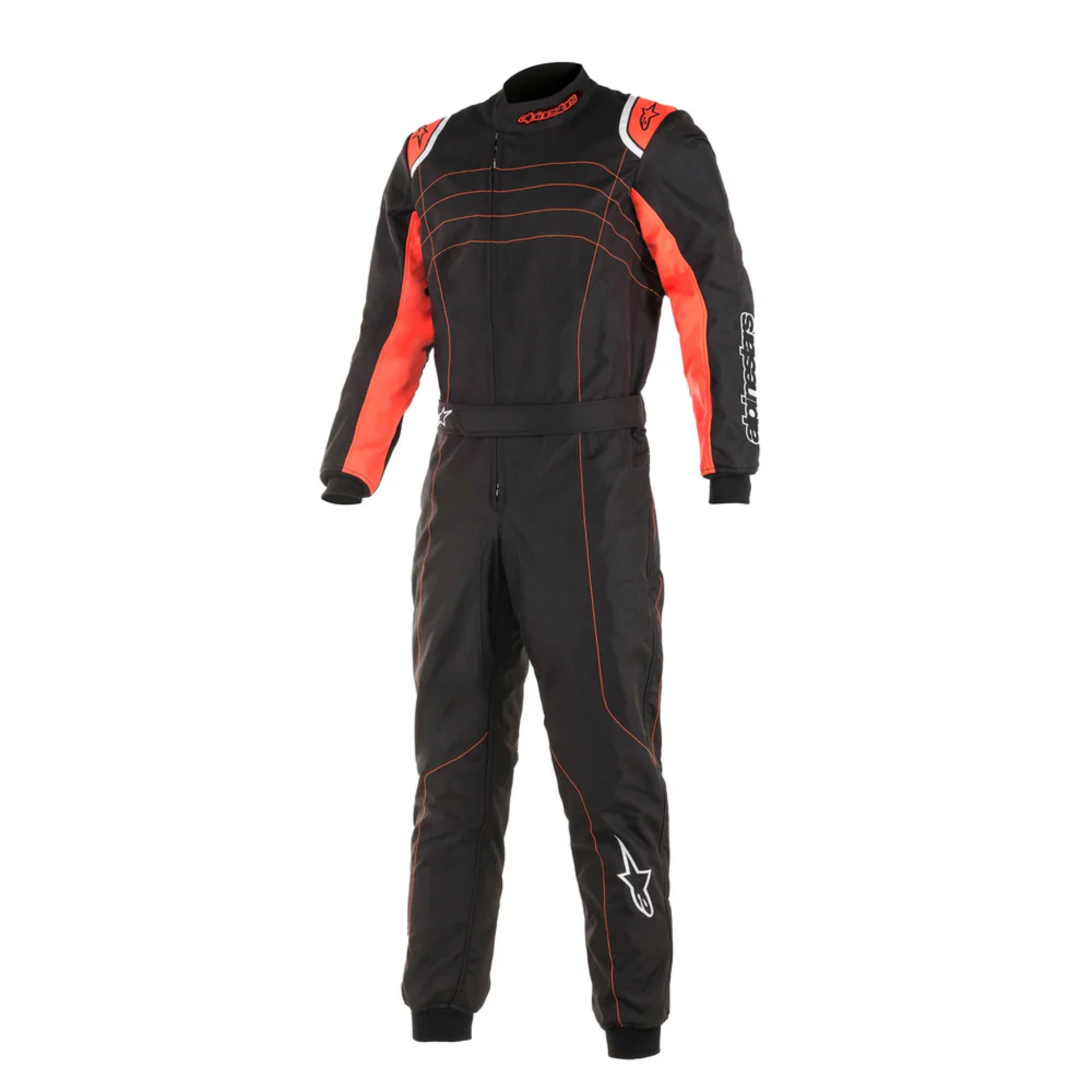The front of the black, red and white Alpinestars KMX-9 v3 Kart Racing Suit.