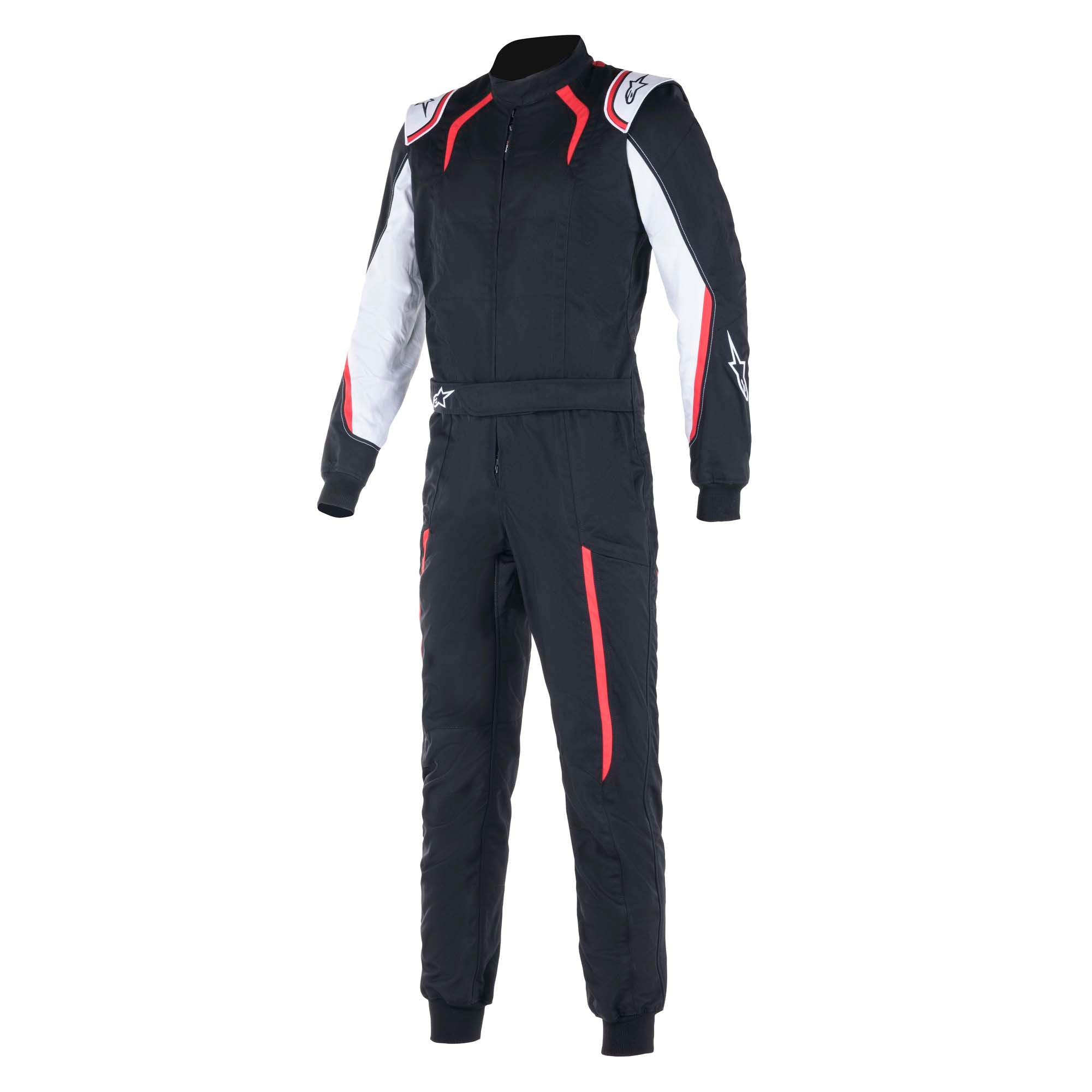 The black, red and white Alpinestars KMX-5 Kart Racing Suit.