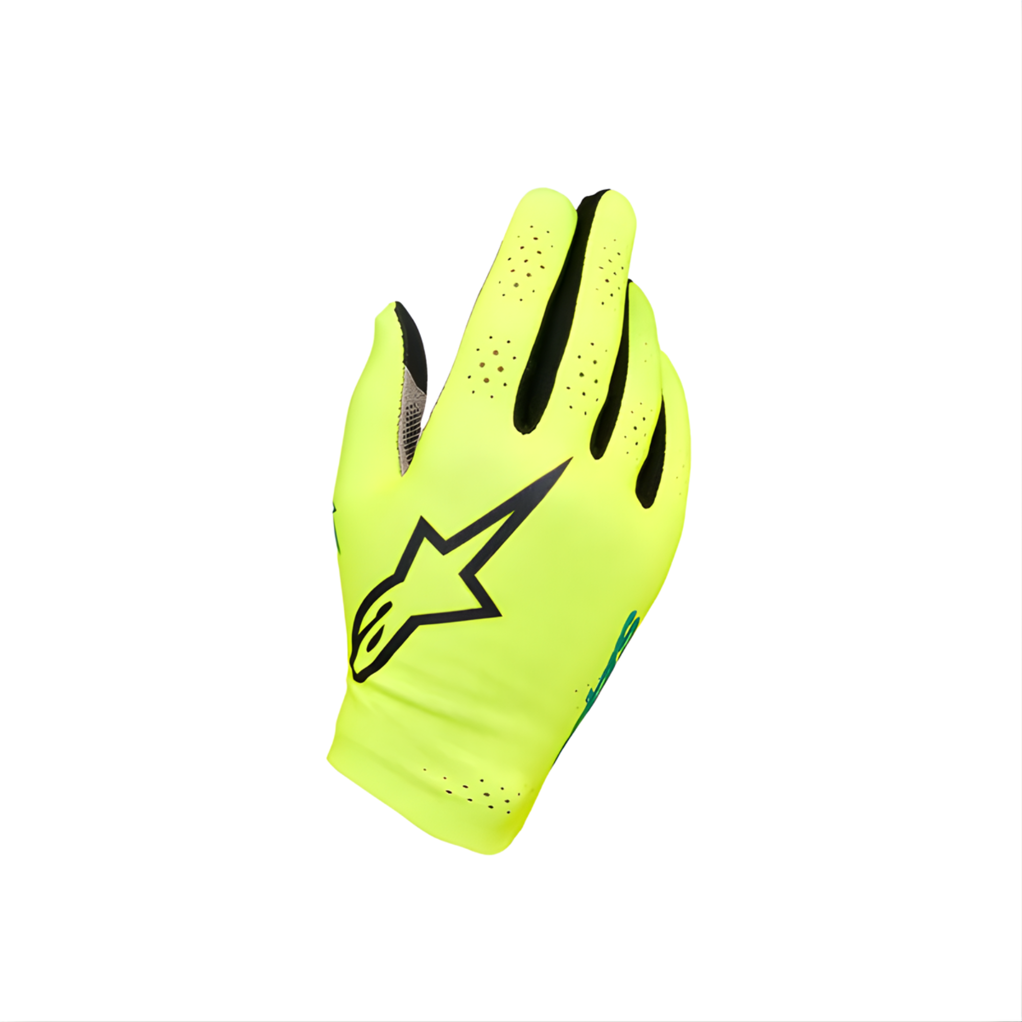 The yellow, black and turquoise Alpinestars Sim Gaming Gloves - Graphic 1.
