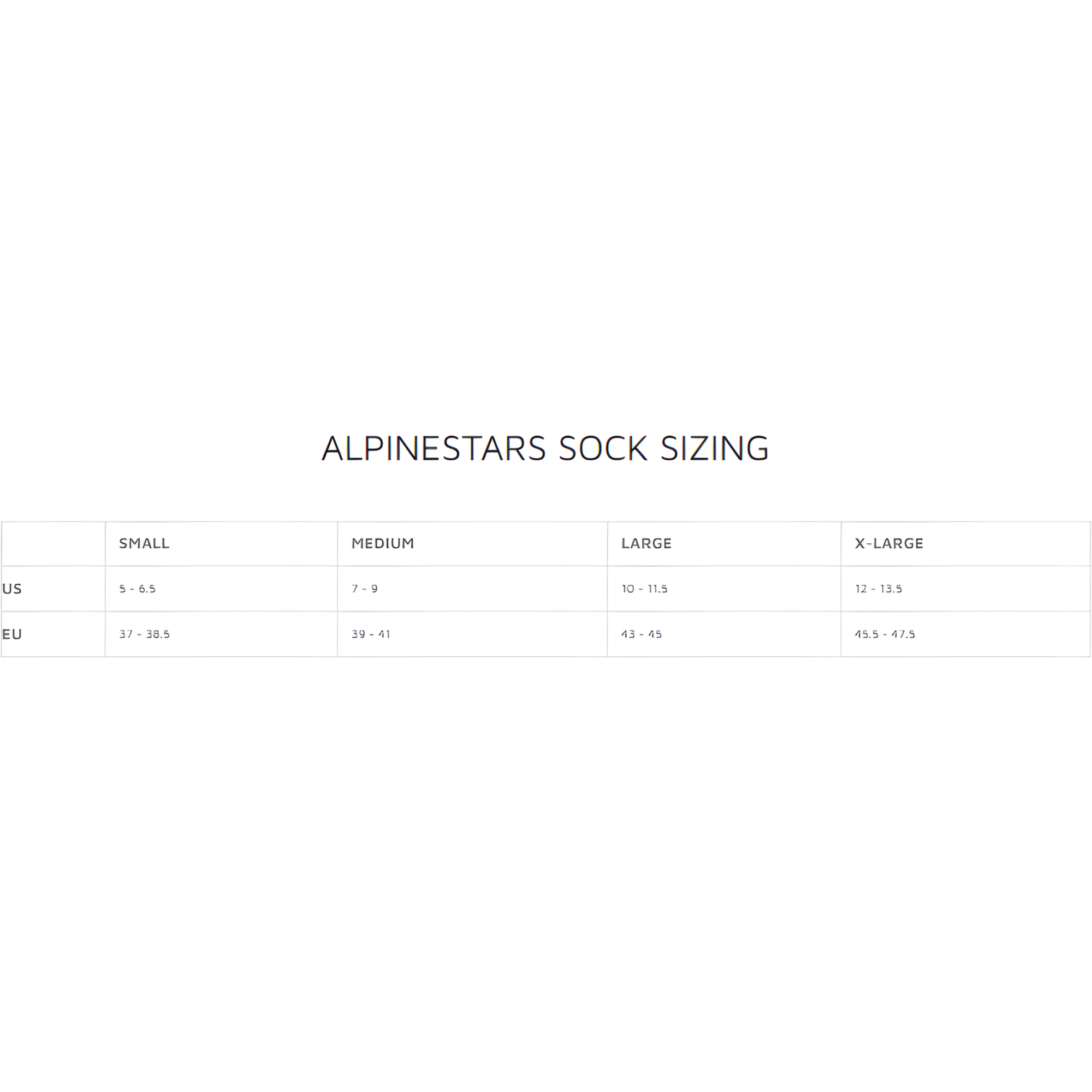 The sizing guide (size chart) for Alpinestars socks. all-groups