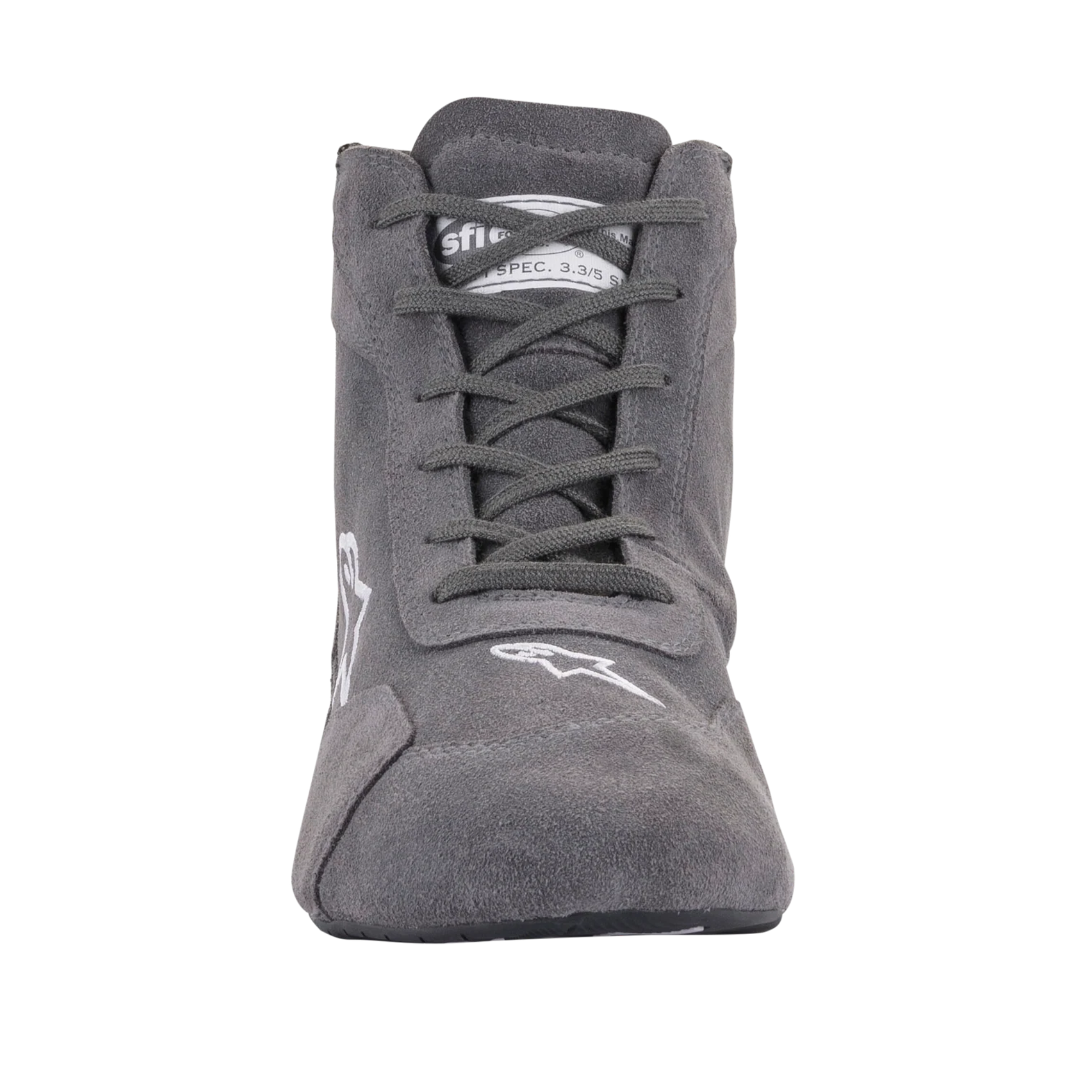 The front toes of the gray Alpinestars SP v2 Racing Shoes.