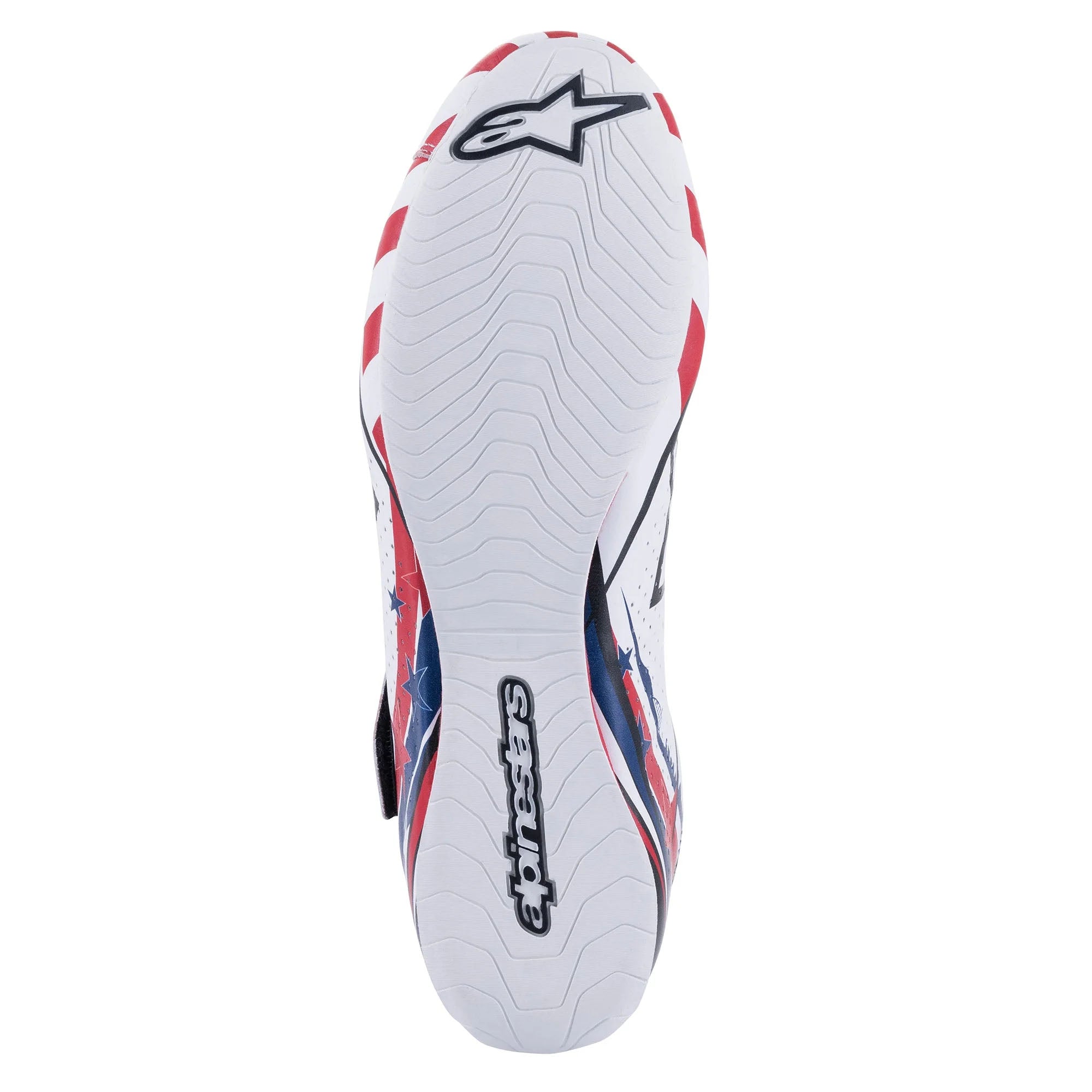 The sole of the red, white and blue Alpinestars Supermono v2 Liberty Racing Shoes.