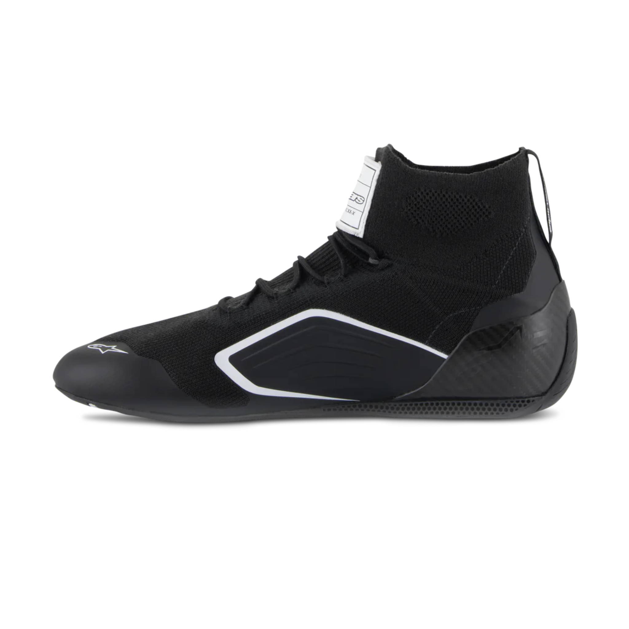The side of the black and white Alpinestars Supertech Racing Shoes.