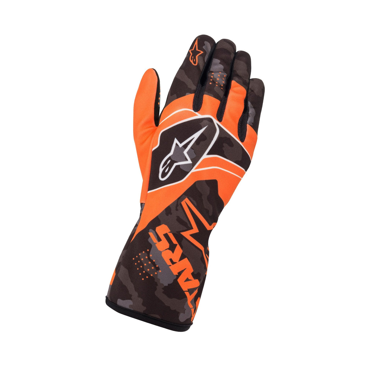 The orange and black Alpinestars Tech-1 K Race S v2 Youth Karting Gloves - Camo.