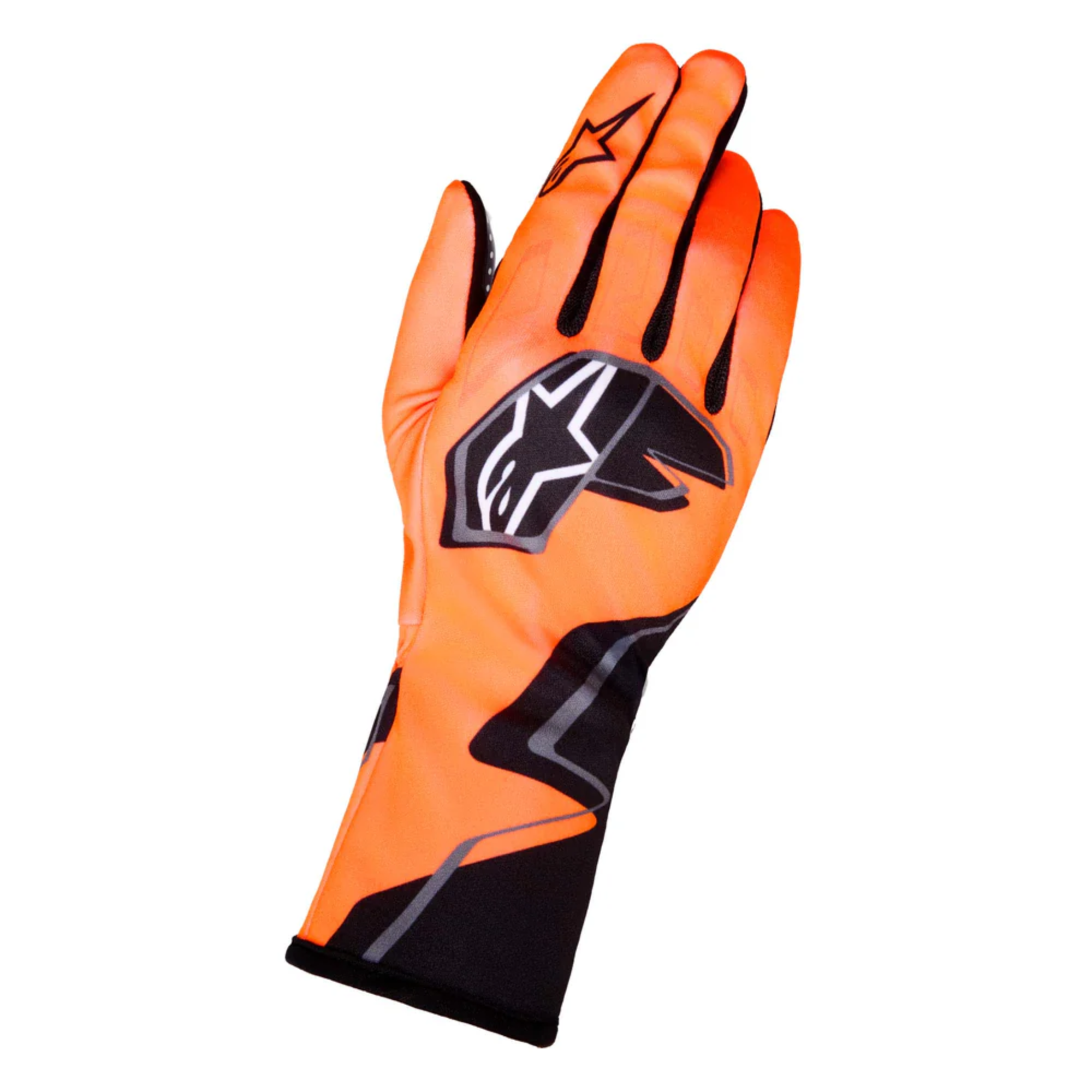 The orange, black and white Alpinestars Tech-1 K Race v2 Karting Gloves - Graphic 1.
