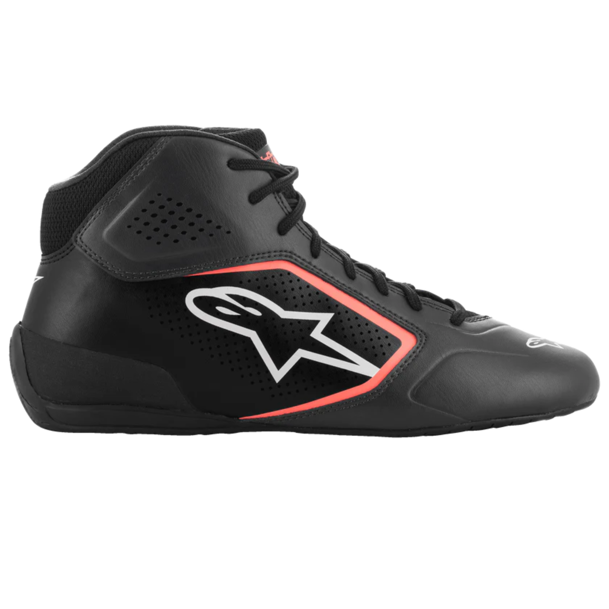 The asphalt, black and orange Alpinestars Tech 1-K Start v2 Karting Shoes from the side.