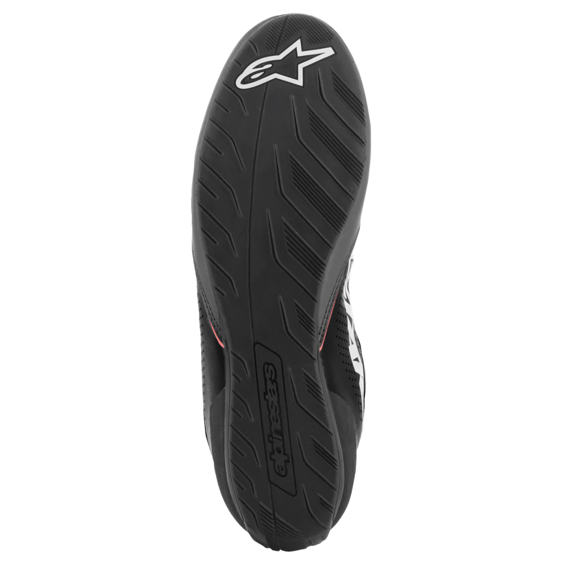 The sole of the asphalt, black and orange Alpinestars Tech 1-K Start v2 Karting Shoes.