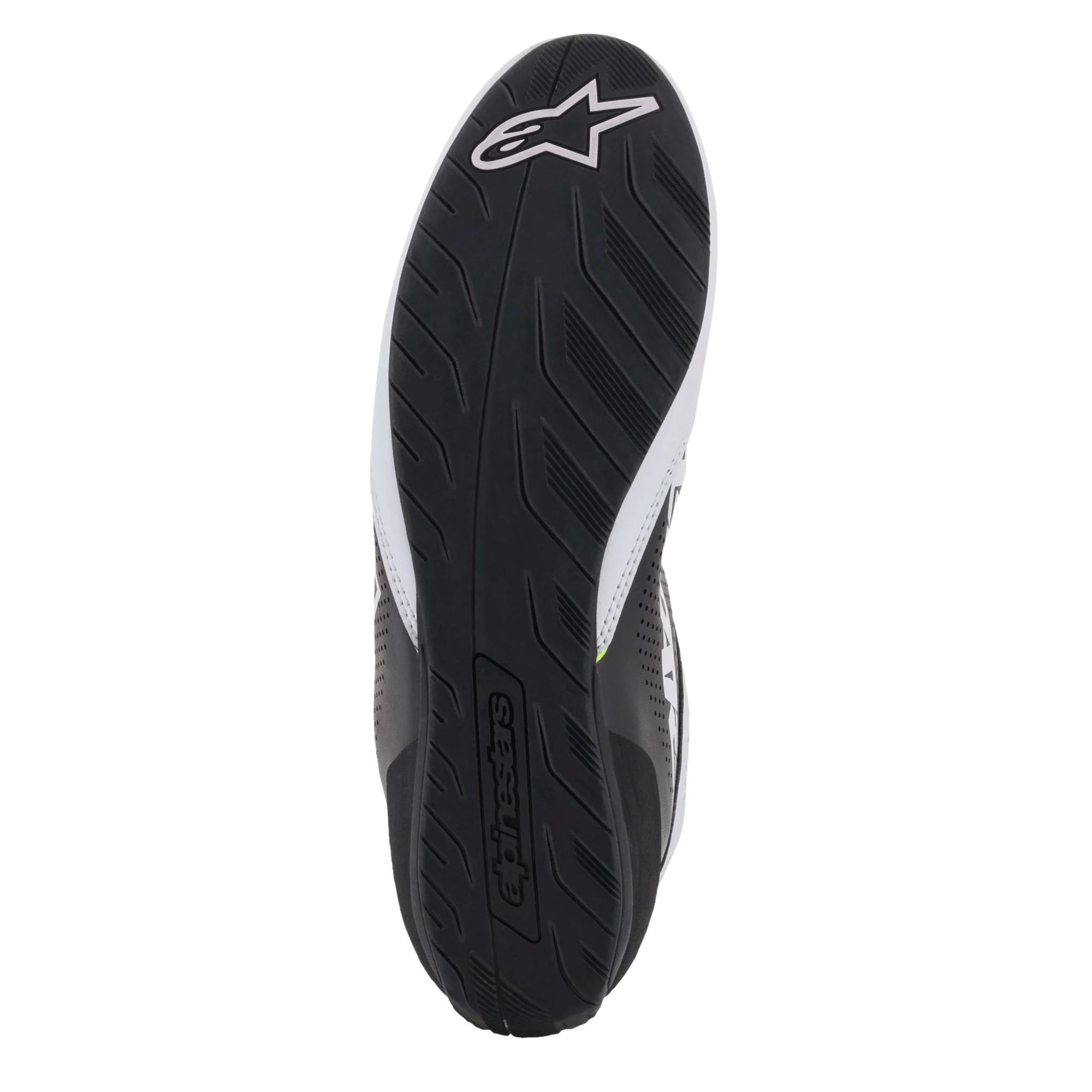 The sole of the white, black and yellow Alpinestars Tech 1-K Start v2 Karting Shoes.