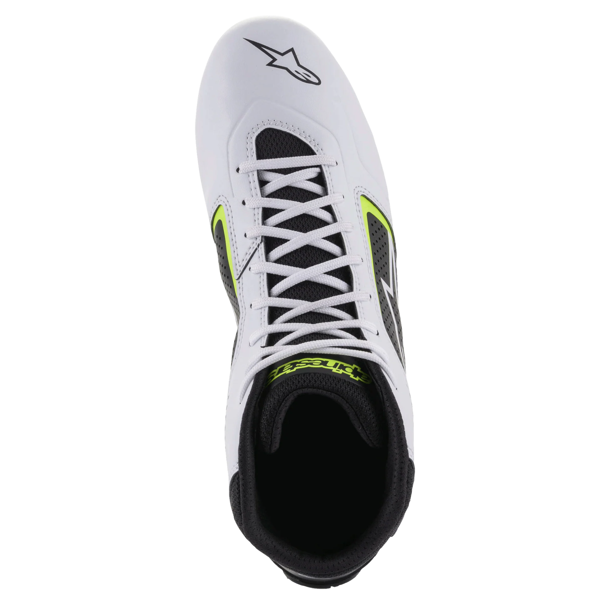 The top of the white, black and yellow Alpinestars Tech 1-K Start v2 Karting Shoes.