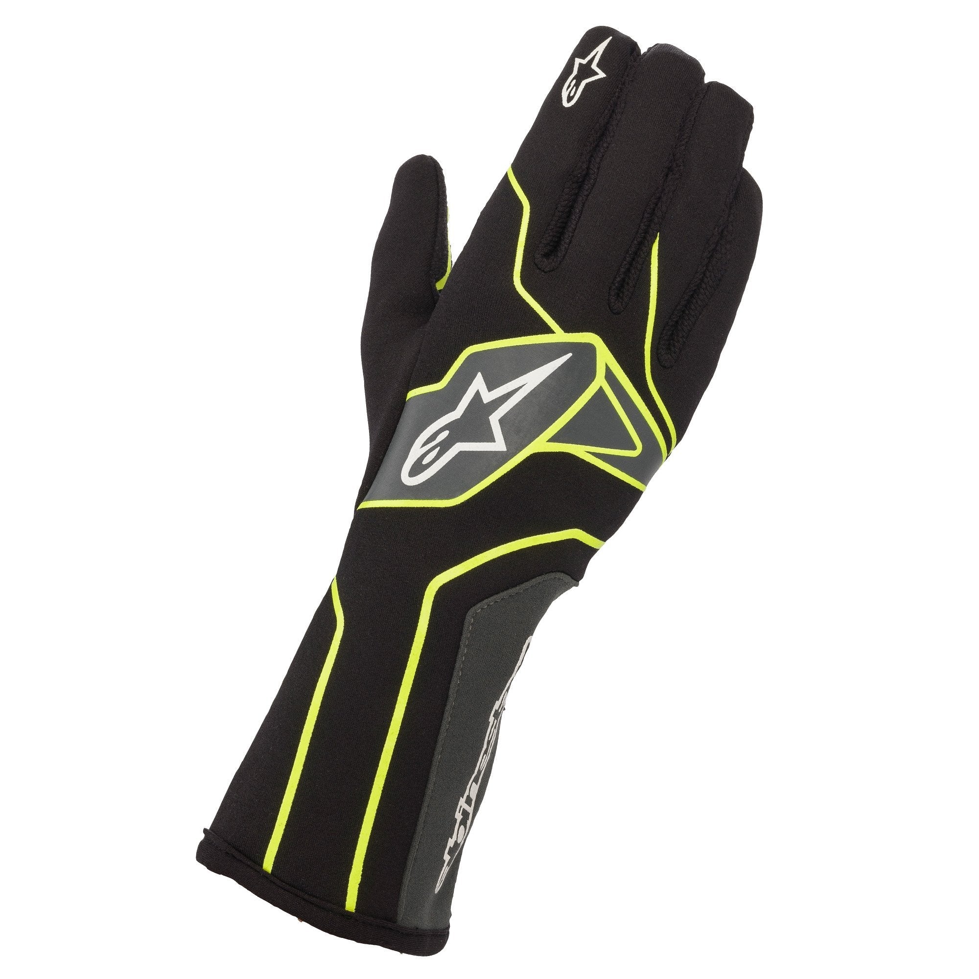The black, yellow, and anthracite Alpinestars Tech-1 K v2 Karting Gloves.