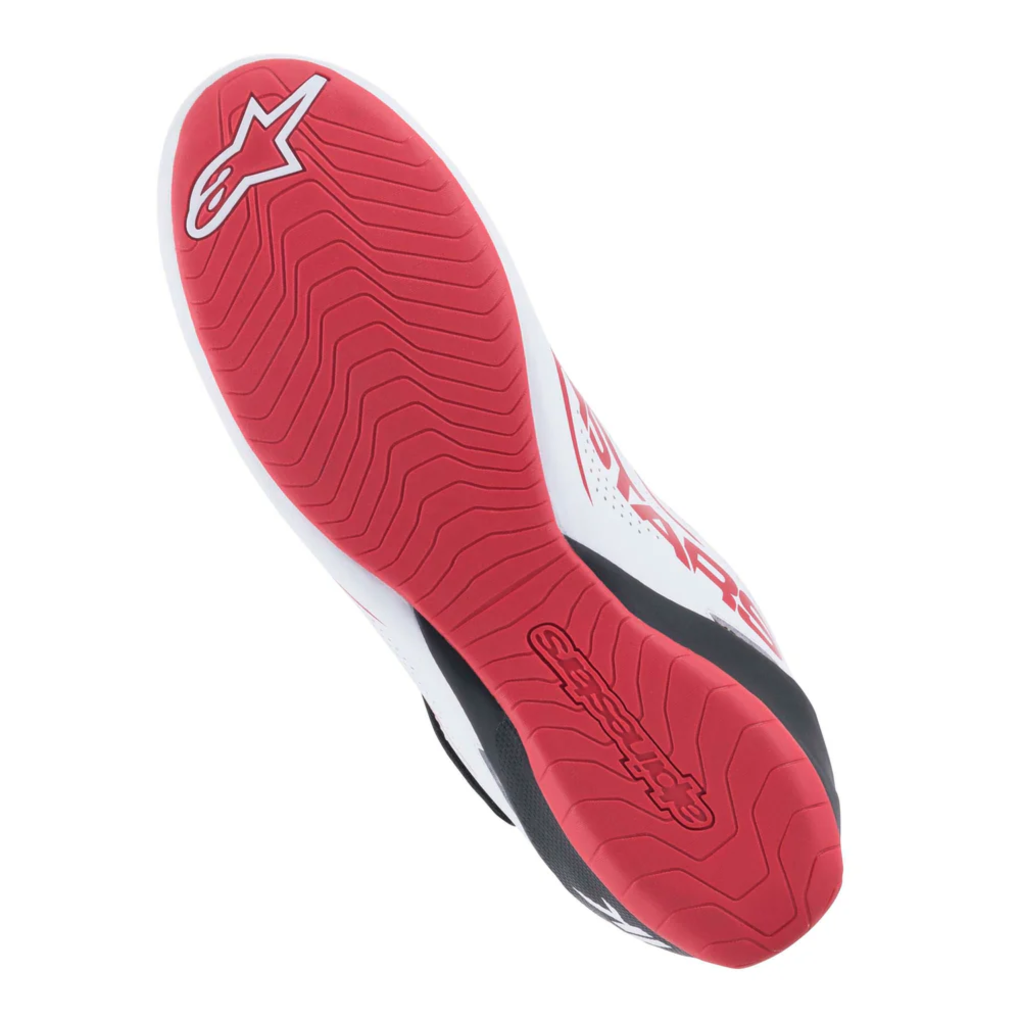 The white black and red Alpinestars Tech 1-K v2 Karting Shoes from Alpinestars showing the bottom of the shoe and the detail on the sole.